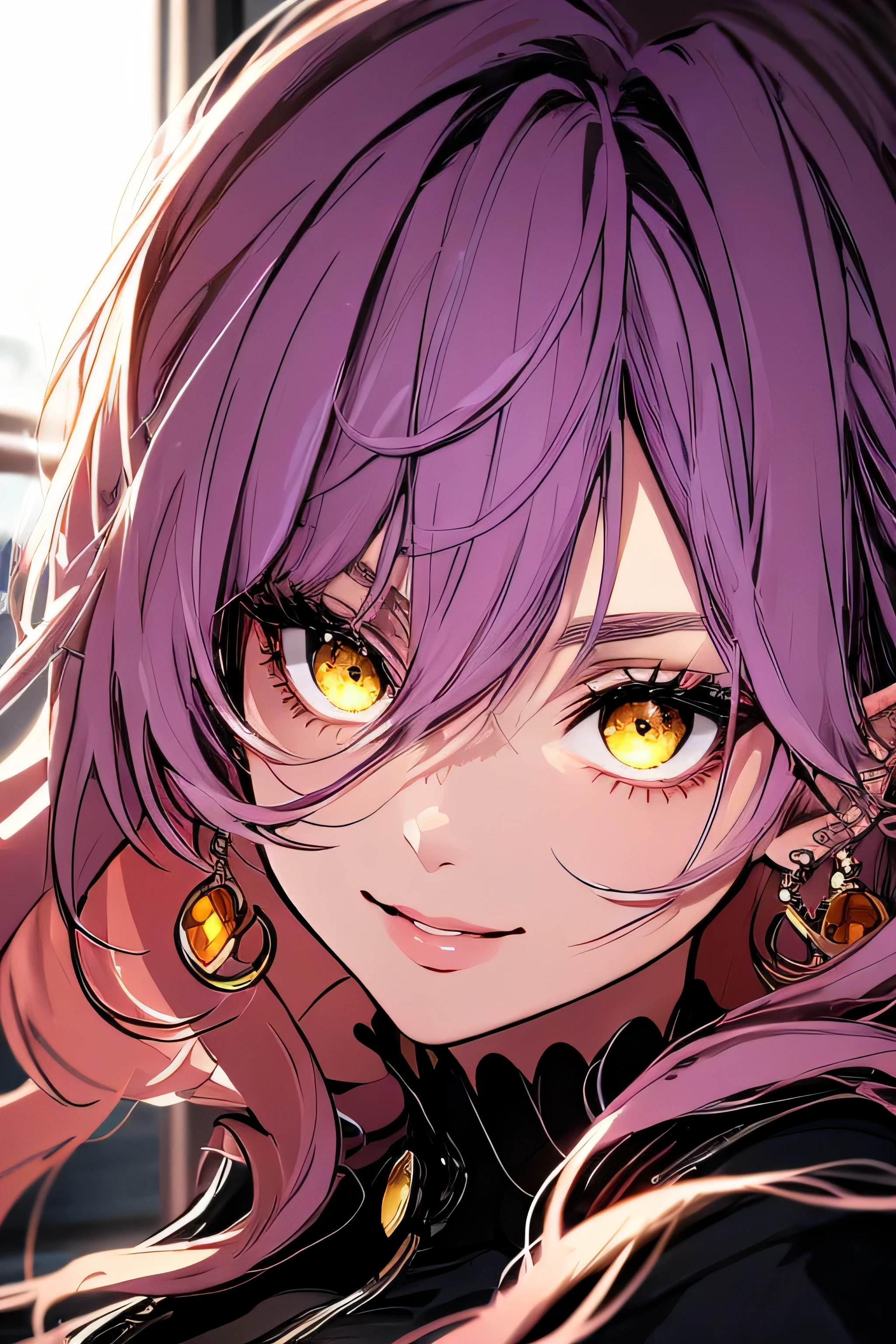 (highest quality,table top:1.2),(anime style,comic core:1.1),Upper body,adorable,highly detailed eyes,highly detailed face,very fine hair,8K,solve, semi-realistic anime portrait, 1 female, ((yellow doe eyes)), purple hair, long hair, wavy hair, flowing bangs, cute eyes, juicy lips, black modern lace crop top, Round earrings and rings, Beautiful face with makeup, red eyeshadow, doll-like face, Fake bright smile, Popular girls, shadows falling on the eyes