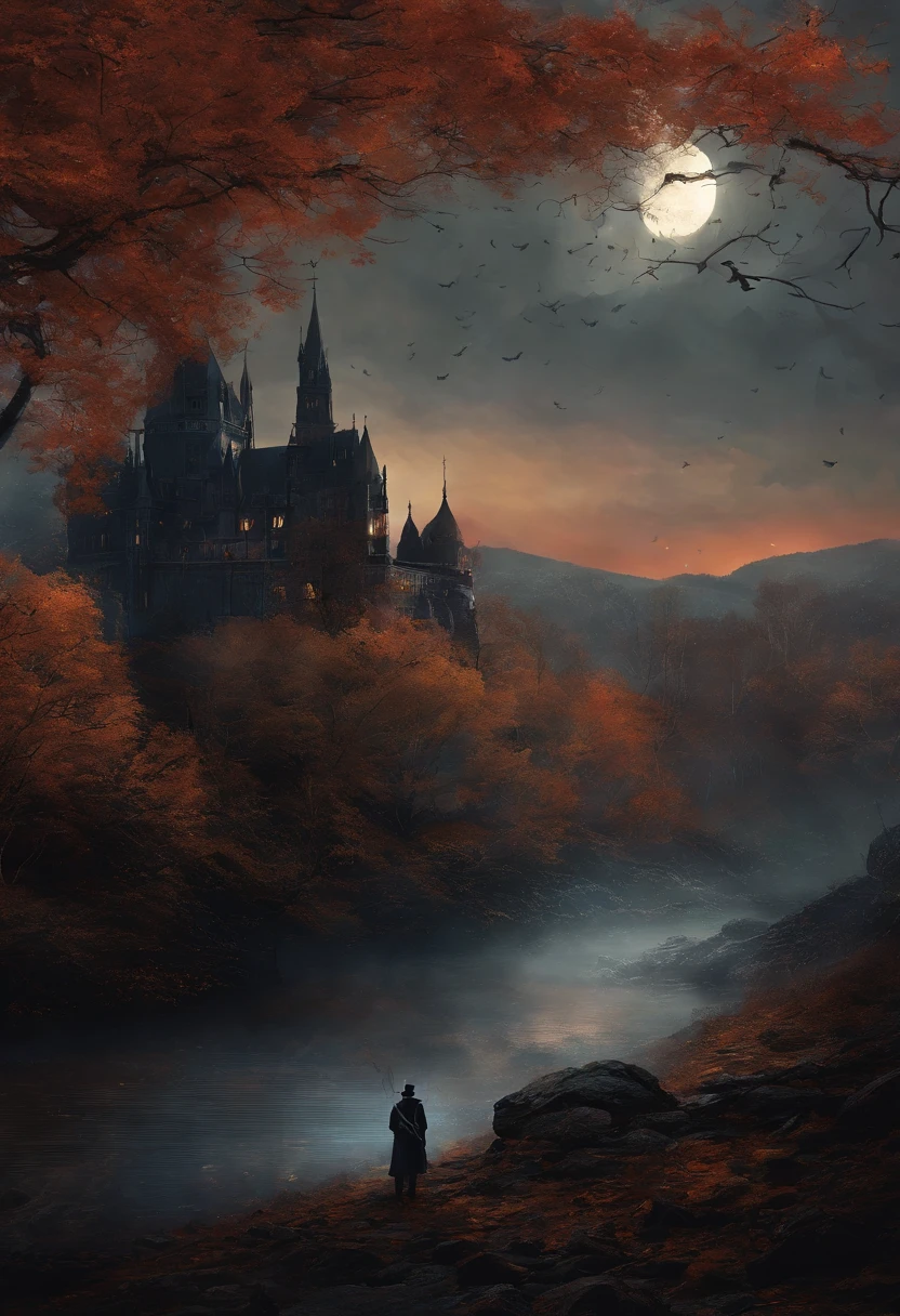 dark森の中, Beautiful art UHD 4K, Inspired by Jakub Schikaneder, mood painting, detailed painting 4k, dreamy digital painting, Calm Evening. digital illustration, fantasy digital painting, 4K digital painting, 4K digital painting autumn leaves Black tree々 waterside valley autumn dusk dark lonely sad At a distance1A man is standing and playing the violin