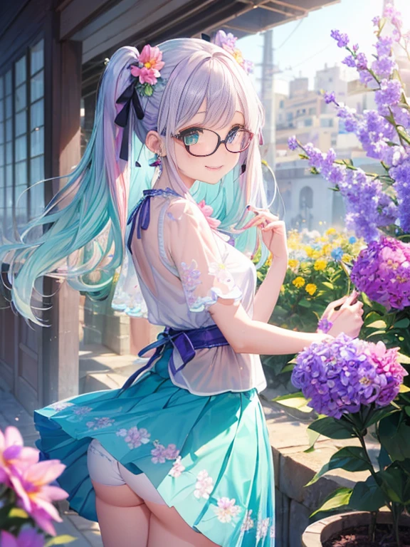 Glasses、小さなgirl、The arrival of spring、big butt、 (alone:1.5,)Super detailed,bright colors, very beautiful detailed anime face and eyes, look straight, ;shiny_skin,girl, ((gradient hair, , Half blue、half pink hair: 1.2)） 、forehead is exposed.、green eyes、shiny hair, delicate beautiful face, blush、(turquoise eyes), White skin, Valletta, earrings,、blue flower field、((ribbon、(Floral、blouse、polka dots、purple skirt)))、twin tails、smile、happy face、face dyed red