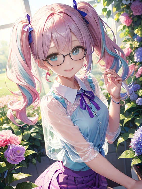 Glasses、小さなgirl、The arrival of spring、big butt、 (alone:1.5,)Super detailed,bright colors, very beautiful detailed anime face and eyes, look straight, ;shiny_skin,girl, ((gradient hair, , Half white、half pink hair: 1.2)) 、forehead is exposed.、green eyes、shiny hair, delicate beautiful face, blush、(turquoise eyes), White skin, Valletta, earrings,、blue flower field、((ribbon、(Floral、See-through、blouse、Floral、Light purple skirt)))、twin tails、smile、happy face、face dyed red