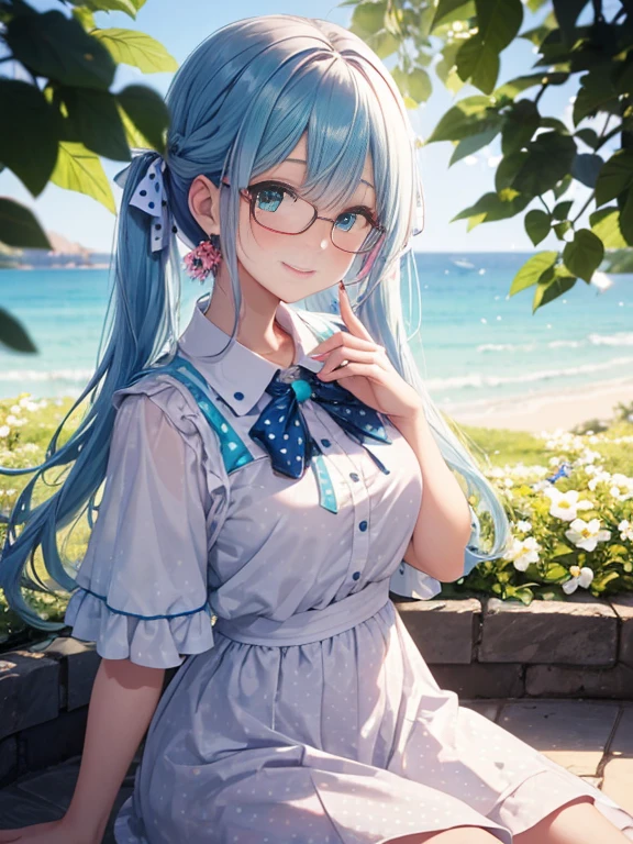 Glasses、小さなgirl、The arrival of spring、big butt、 (alone:1.5,)Super detailed,bright colors, very beautiful detailed anime face and eyes, look straight, ;shiny_skin,girl, ((gradient hair, , Half blue、half pink hair: 1.2)） 、forehead is exposed.、green eyes、shiny hair, delicate beautiful face, blush、(turquoise eyes), White skin, Valletta, earrings,、blue flower field、((ribbon、(Floral、Fashionable blouses、polka dots、white skirt)))、twin tails、smile、happy face、face dyed red