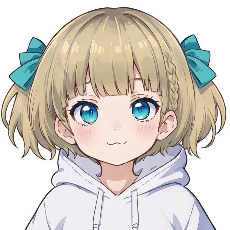 blonde、blonde hair, braid, short mash hair, The bangs are even, turquoise eyes, wearing a plain white hoodie, headshot, chibi, ((white background)), twitch emote, emote, head only, :3, (masterpiece:1.2, best quality:1.2), ((masterpiece)), (((best quality))), ((ultra-detailed)), ((illustration)), anatomy、From the front of the subject、looking at the camera、Little、Littleキャラ