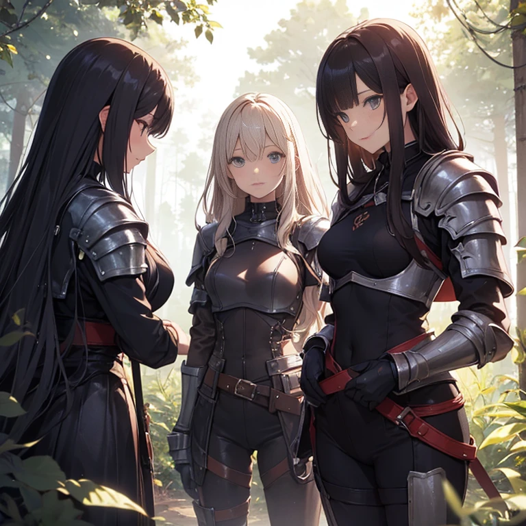 A group of female knight, (in forest), various hair styles, harem, wearing armored clothes, metal armor, night, details face, trousers, seducing, sword,