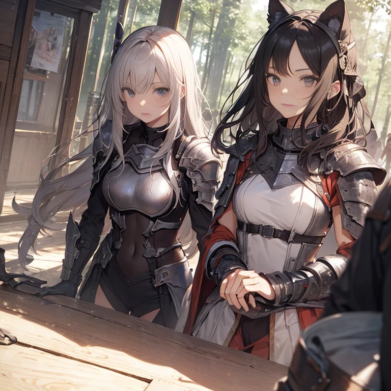 A group of female knight, (in forest), various hair styles, harem, wearing armored clothes, metal armor, night, details face, trousers, seducing, sword,