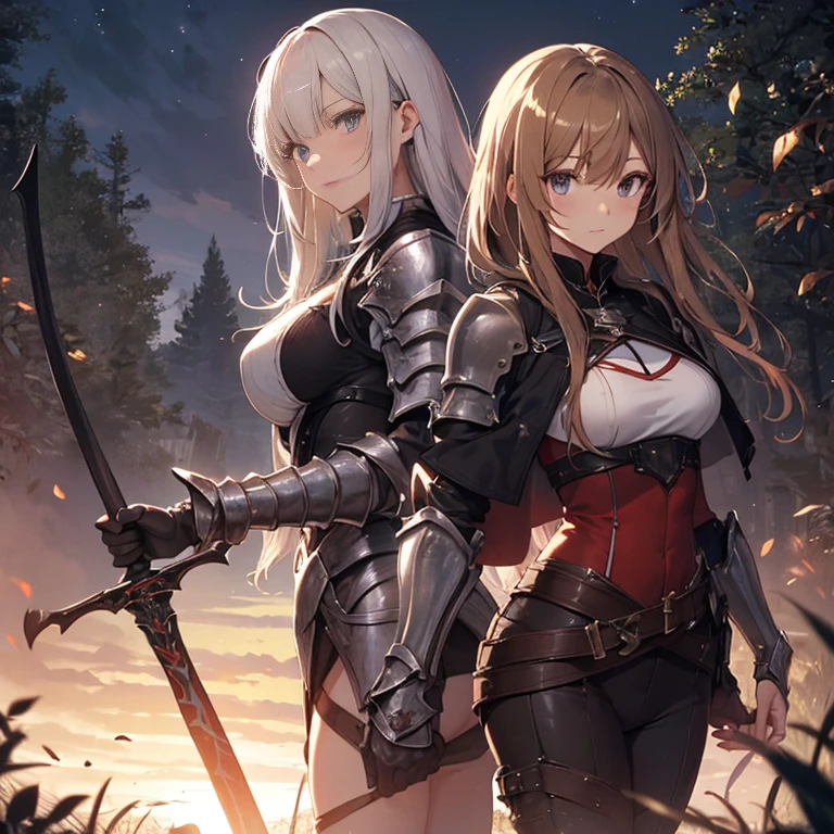 A group of  female knight, (in forest), various hair styles, harem, wearing armored clothes, metal armor, night, details face, trousers, seducing, sword, 