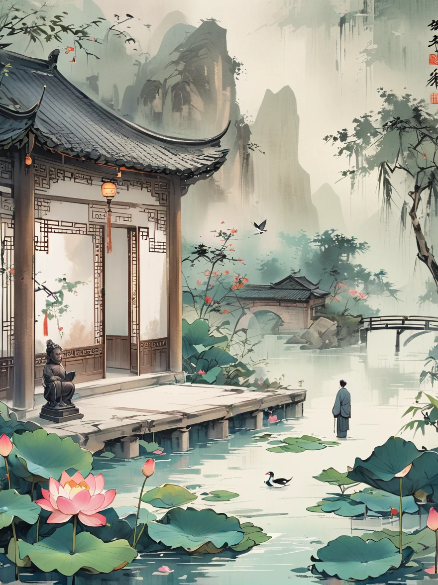 Chinese style mobile phone wallpaper, a Buddha statue in the misty lake at night with lotus flowers floating on top, a man sitting crosslegged under a bridge facing the viewer, in the style of HOURPyflamp, with a light green and dark gray background, simple, elegant, peaceful, high resolution, ink painting, Chinese style,