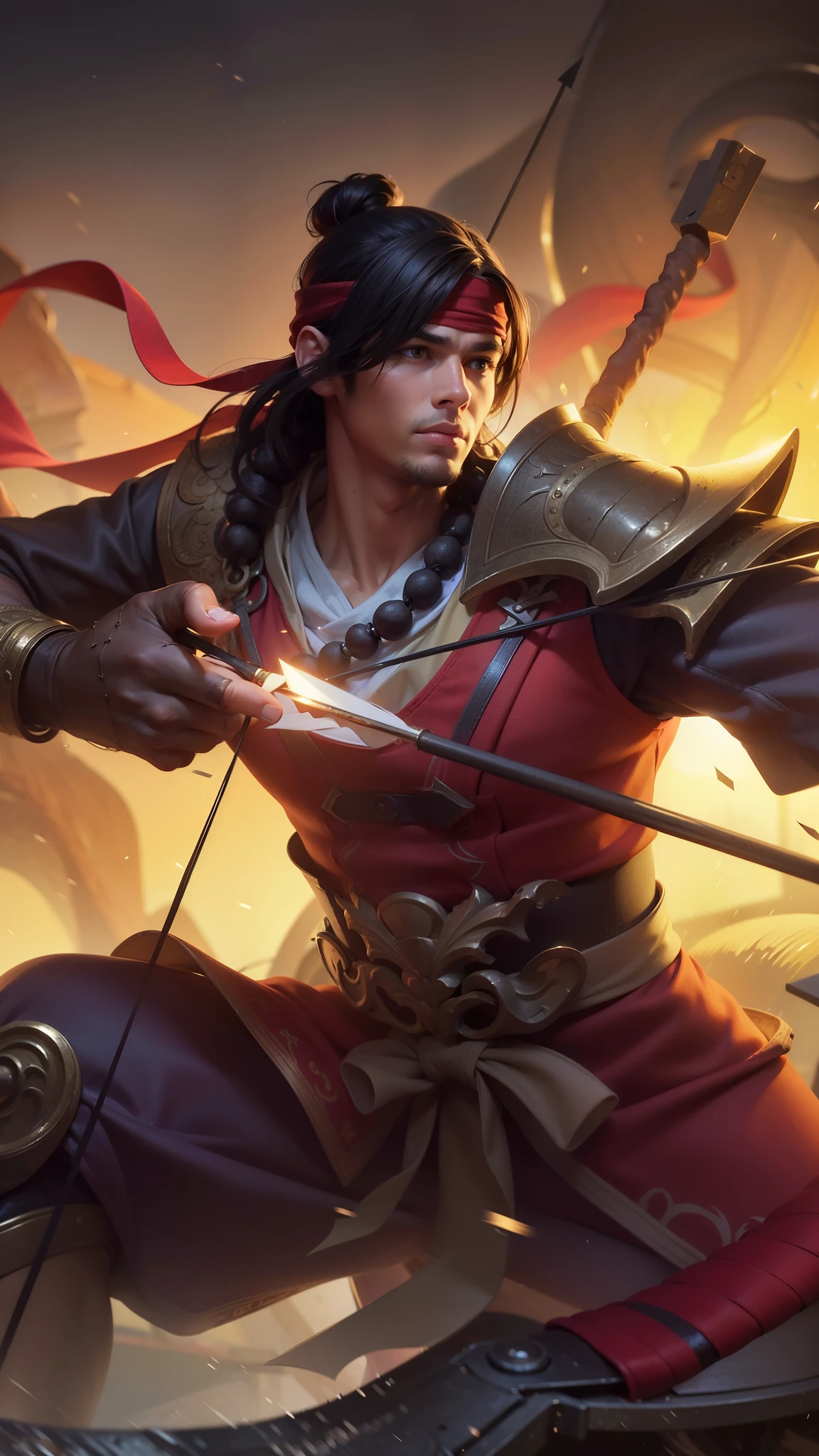 Young man with a bow and hand holding arrows, 8k, ultra hd, ultra detailed texture, hyper realistic, masterpiece, detailed texture, detailed face, detailed skin, detailed lighting, (photorealistic:1.5), best quality, beautiful lighting, cinematic lighting, professional lighting, ultra highres, realistic, detailed hair, real hair, high quality, (realskin:1.5), extremely detailed, finely detail, ultra-detailed, red bandana.
