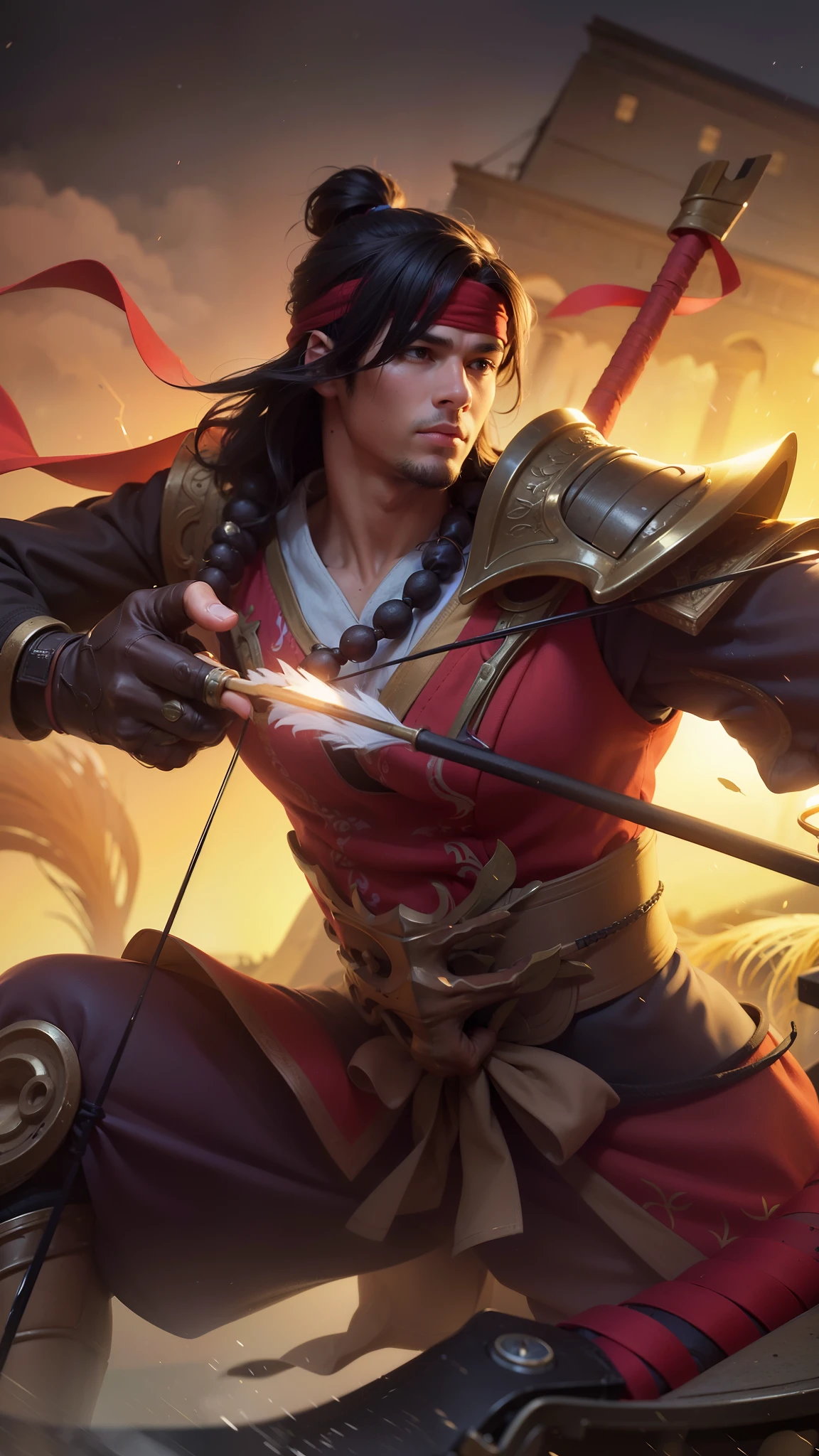 Young man with a bow and hand holding arrows, 8k, ultra hd, ultra detailed texture, hyper realistic, masterpiece, detailed texture, detailed face, detailed skin, detailed lighting, (photorealistic:1.5), best quality, beautiful lighting, cinematic lighting, professional lighting, ultra highres, realistic, detailed hair, real hair, high quality, (realskin:1.5), extremely detailed, finely detail, ultra-detailed, red bandana.