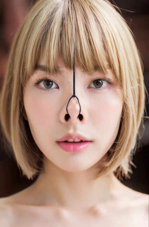 Fashion trendy beautiful and attractive woman, ,(Highest quality realistic textured skins:1.4), fine eyes, detailed face, high quality eyes, focus the eyes clearly, nose and mouth,face focus, Super close up of face gentle and charming Chinese beautiful woman, delicate and sexy clavicle, attractive oval face, double eyelid, Smart peach blossom eyes, pink lips, small nose, bare shoulders, focus on face, close up of face, ultra high resolution, Super detailed, full body photo, ,cinematic lighting,rim light,((completely naked)),(((((nsfw))))) ,((blond hair color)),((blond eyebrows)),(short bob hair)