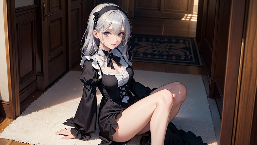 (masterpiece, highest quality, highest quality,official art),(mature woman:1.3),(attractive woman made),((masterpiece, highest quality))、8K、one woman、（(30 years old)）、((silver hair))、long hair、messy hair、attractive woman、blue eyes、Big eyes、sparkling eyes、Beautifully drawn eyes、smile、small bust、Black Gothic Maid、((white headband))、(look back)、(Knee to head:1.3)、Entrance of a luxurious house、aerial perspective、pure、transparent、Light、Light、Light、