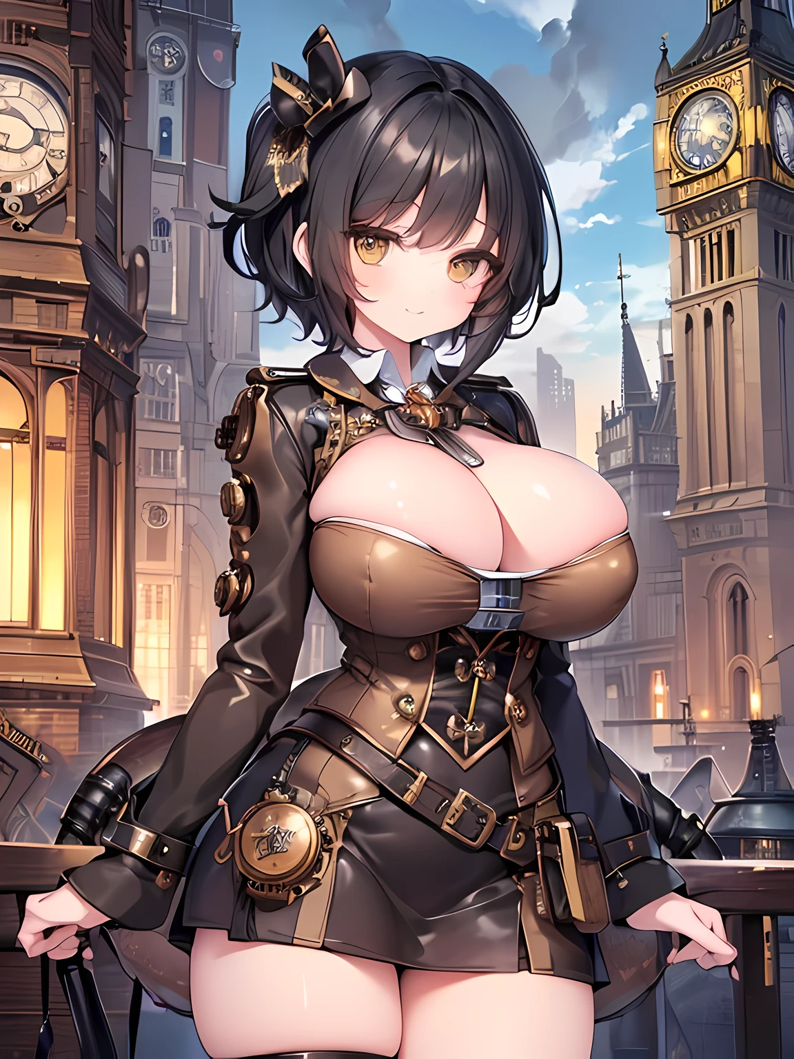 master piece,vest quality,(super detail),perfect writing, Highly detailed CG,Super detailed,(highly detailed eyes,very cute face,highly detailed face:1.3),beautiful anime girl,(solo girl),(super huge breasts:1.7),(black hair,short hair,2 side up:1.5),(big yellow eyes:1.1),(low length),jitome,(smile full of joy),open your mouth,break,(steampunk costume:1.5),(brown leather long coat,collared shirt,vest),Leather Messenger Bag,mini skirt,look down,(Steampunk cityscape,Tall clock tower,An airship flies in the distance:1.5),cowboy shot,Angle from below