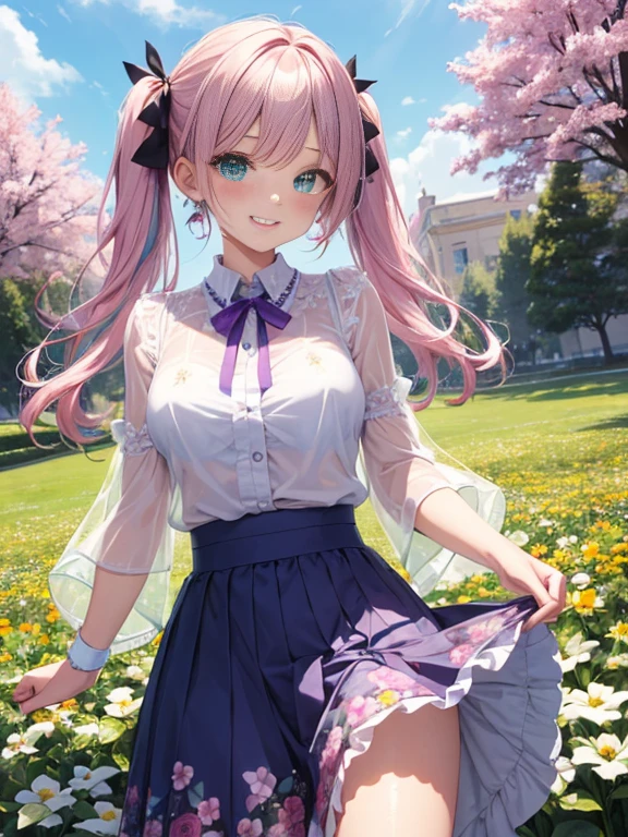 Glasses、小さなgirl、The arrival of spring、big butt、 (alone:1.5,)Super detailed,bright colors, very beautiful detailed anime face and eyes, look straight, ;shiny_skin,girl, ((gradient hair, , Half white、half pink hair: 1.2)) 、forehead is exposed.、green eyes、shiny hair, delicate beautiful face, blush、(turquoise eyes), White skin, Valletta, earrings,、blue flower field、((ribbon、(Floral、See-through、blouse、Floral、Light purple skirt)))、twin tails、smile、happy face、face dyed red
