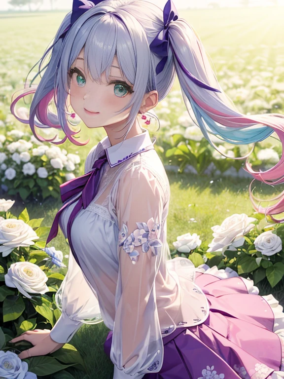 réaliste, 1fille, cheveux blancs, yeux violets, yeux brillants,maillot de bain moullant, lèvres entrouvertes, rougir, nuit, fleurs, soleil, soleillight,
