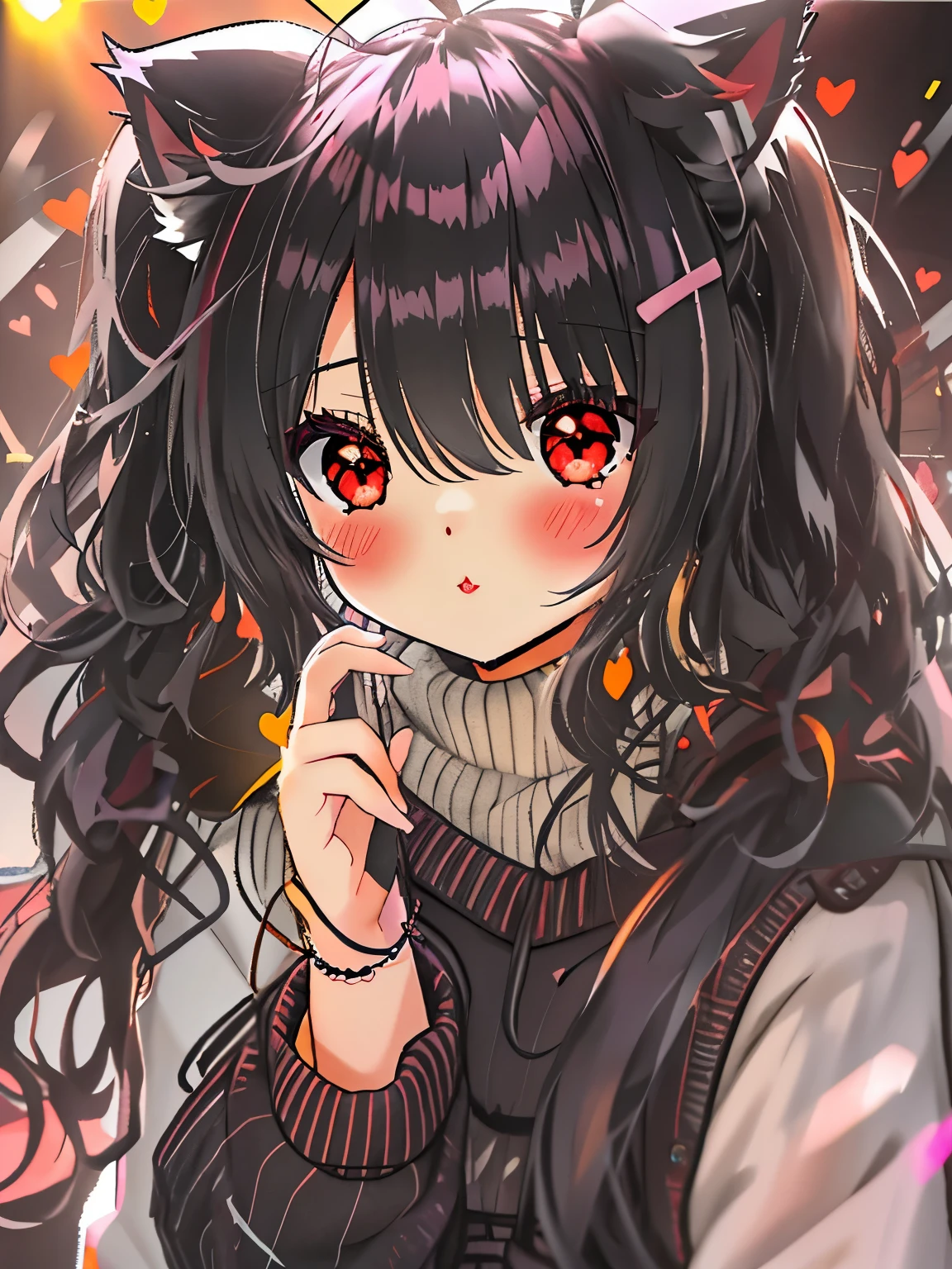 una mujer,,((long hair slightly wavy slightly past the shoulders, black bangs, small black pigtails on the sides, cute cat ears, beautiful thin red eyes,)), cozy sweater put on, parte superior del cuerpo, (enorme riendo:1.1), (boca abierta:1.1), (ojos bien abiertos:1.2), sun glare, bokeh, profundidad de campo, fondo borroso, light particles, Viento fuerte, (heart particles:1.1)