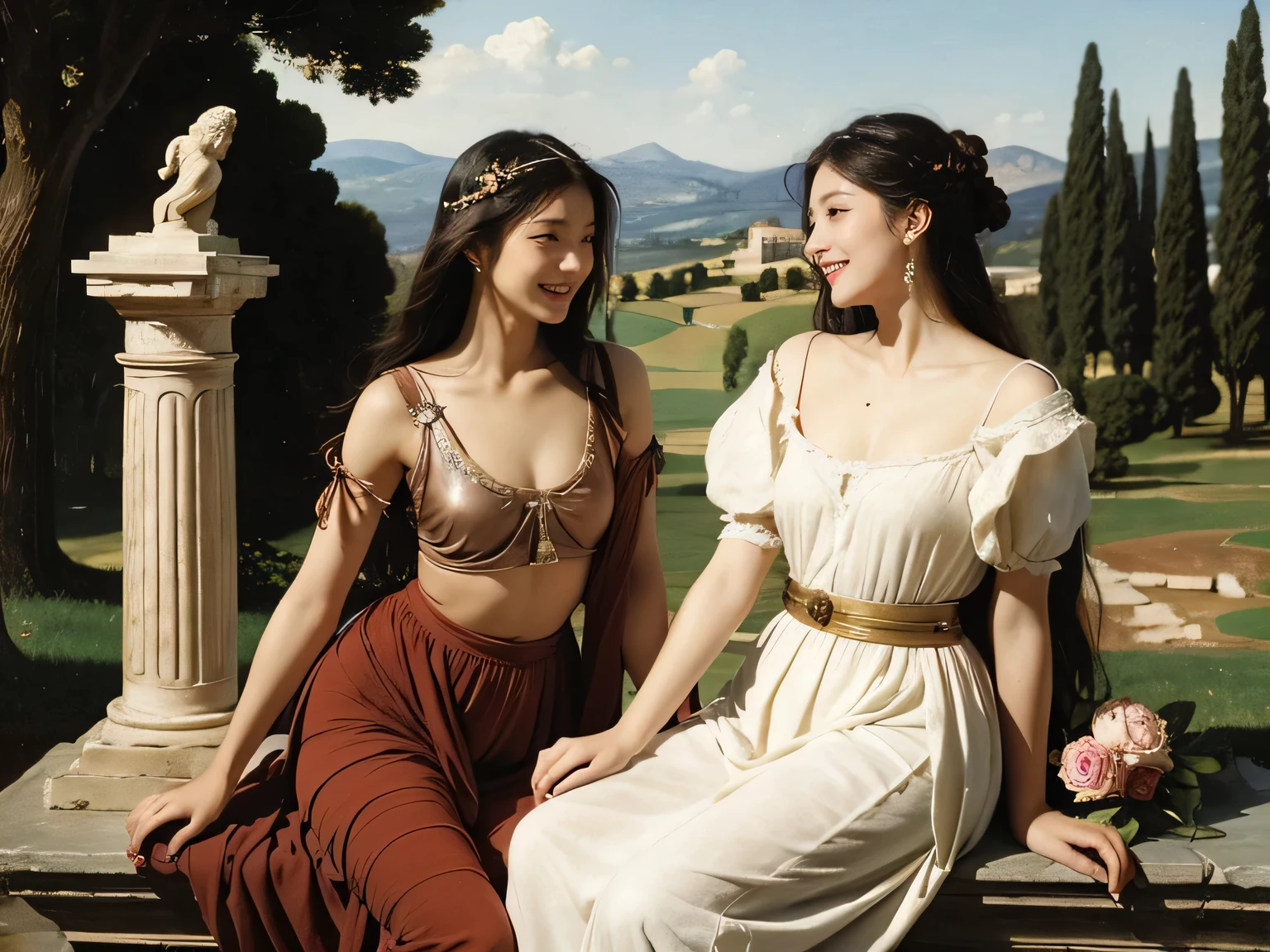 full body portrait or statue、Giorgione painting style,Arguments of two female Philosophe,math、astronomical machine、astronaut、roses in vase、fruits、Cute trinkets、smile、ancient greek costume、Ancient Roman landscape in the style of Nicolas Poussin,laughter,,Sweet and seductive appearance.、Caravaggio's paintings、Chiaroscuro of Caravaggio、hair tousled by the wind,Two women frolicking,cute smile, expression of ecstasy,Sexy,erotic