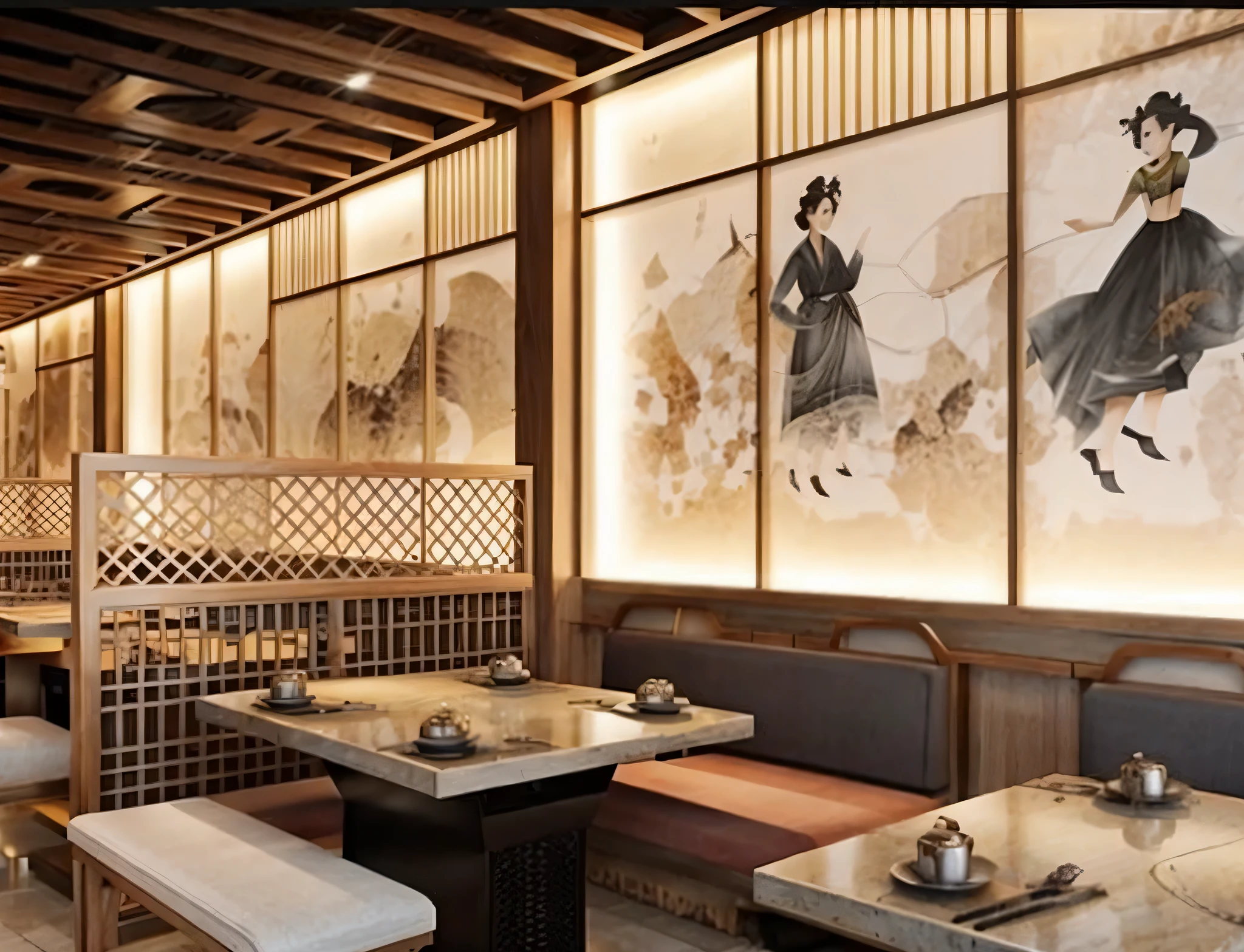 
Beautiful photos, high quality photos, modern style Korean barbecue restaurant interior, daylight, gray tile floor, art deco ceiling, wall paintings,