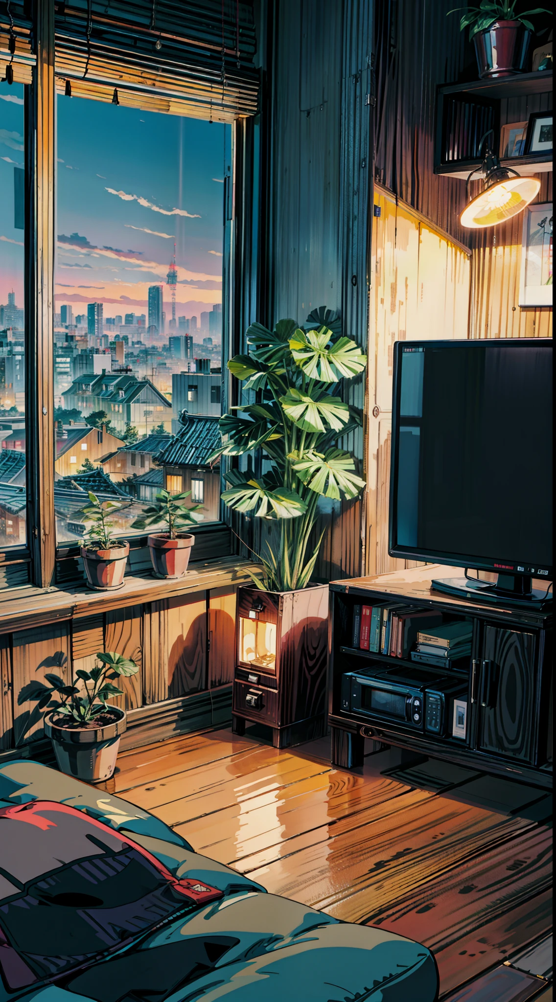 a bedroom with a view of a city at night, hd anime cityscape, city apartment cozy calm, anime style cityscape, set in tokyo rooftop, cozy home background, cozy living room background, night time city background, night city background, alena aenami and artgerm, tokyo background, in a japanese apartment, personal room background, city apartment, city background, 4k hd,, beautiful art uhd 4 k, a beautiful artwork illustration, beautiful digital painting, highly detailed digital painting, beautiful digital artwork, detailed painting 4 k, very detailed digital painting, rich picturesque colors, gorgeous digital painting, no people