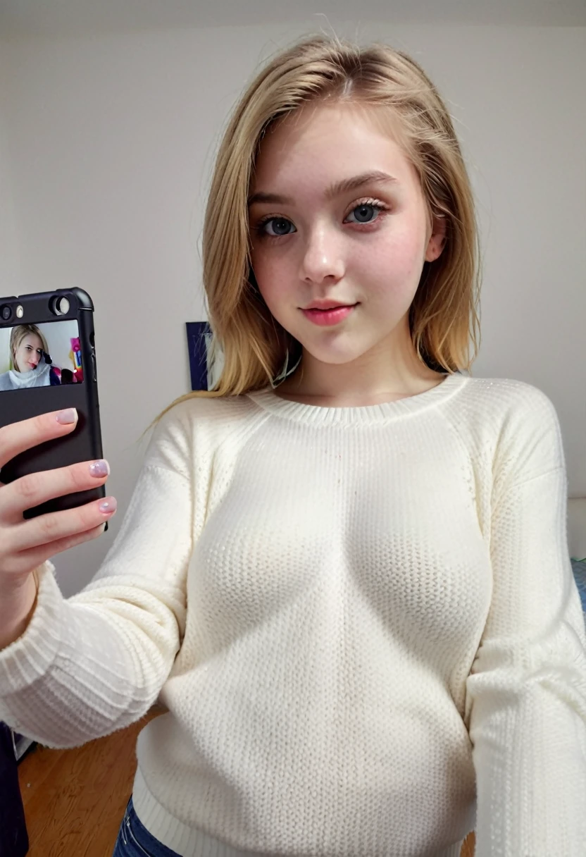 Blonde American  girl wearing white knitted sweater, une minijupe, gros seins, maquillage, selfie pour reddit, Realistic, 13ans