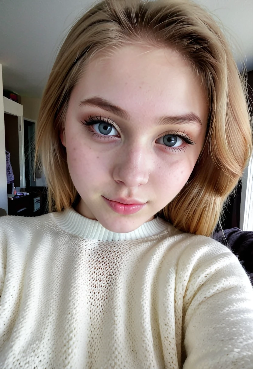 Blonde American teenage girl wearing white knitted sweater, une minijupe, gros seins, maquillage, selfie pour reddit, Realistic, 13ans