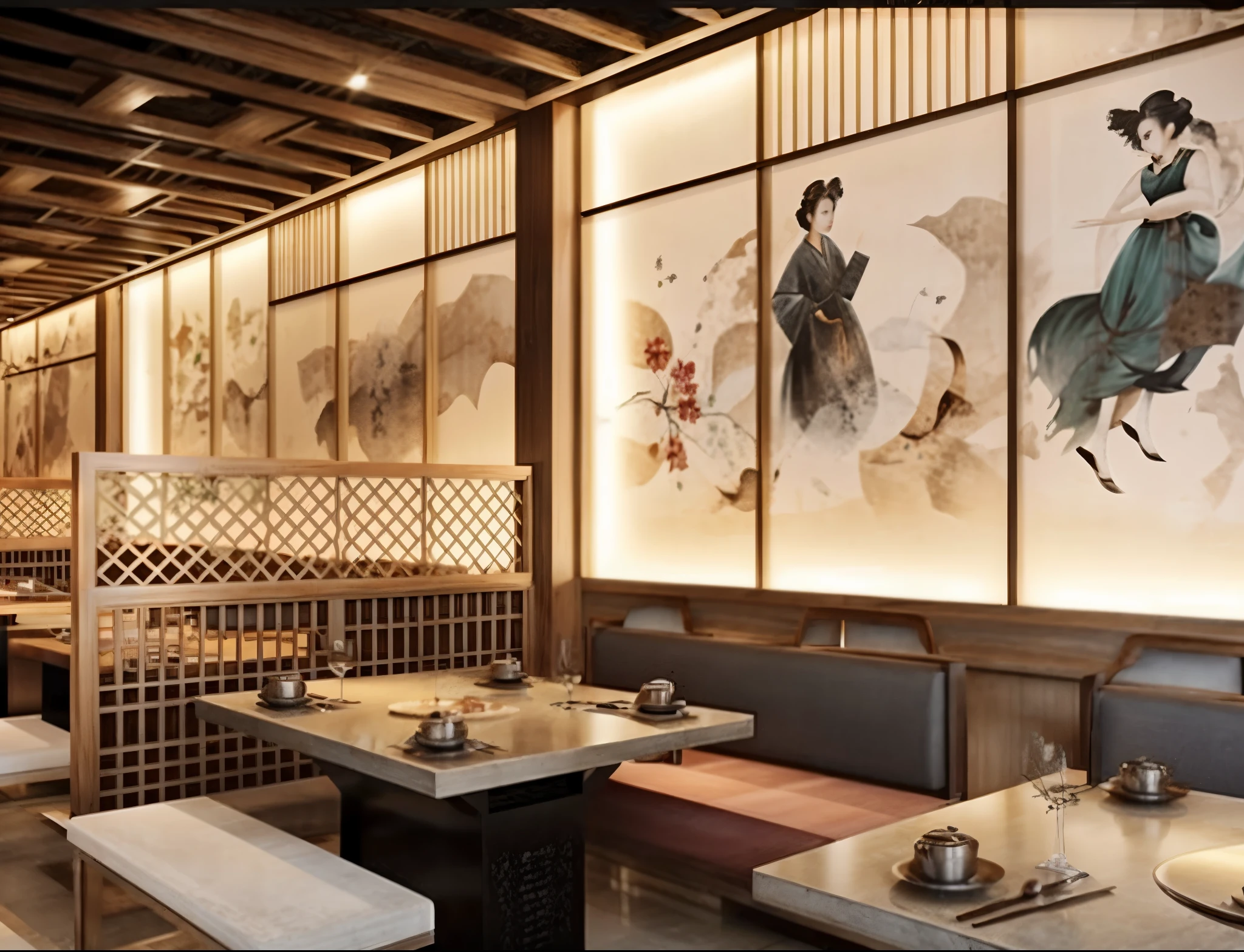 Beautiful photos, high quality photos, modern style Korean barbecue restaurant interior, daylight, gray tile floor, art deco ceiling, wall paintings,
