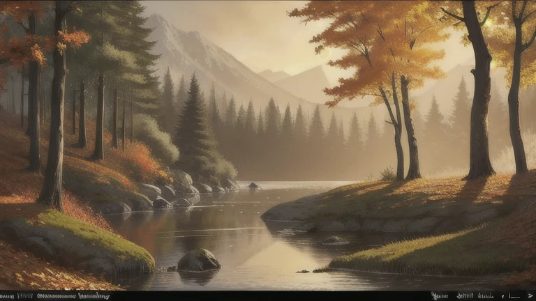 In the heart of the forest, shrouded in darkness, a beautiful art piece unfolds in Ultra High Definition 4K. Inspired by the masterful works of Jakub Schikaneder, this mood painting comes alive with intricate details, as if inviting us to step into a dream. The calm evening scene exhibits a digital illustration of autumn leaves drifting gently amongst black trees that line the waterside, and a tranquil valley veiled in autumn dusk. At a distance, a man stands alone, with a melancholic expression, playing the violin. His sadness resonates through the still air, as the quiet valley reflects the sadness of the scene back in the still waters. The