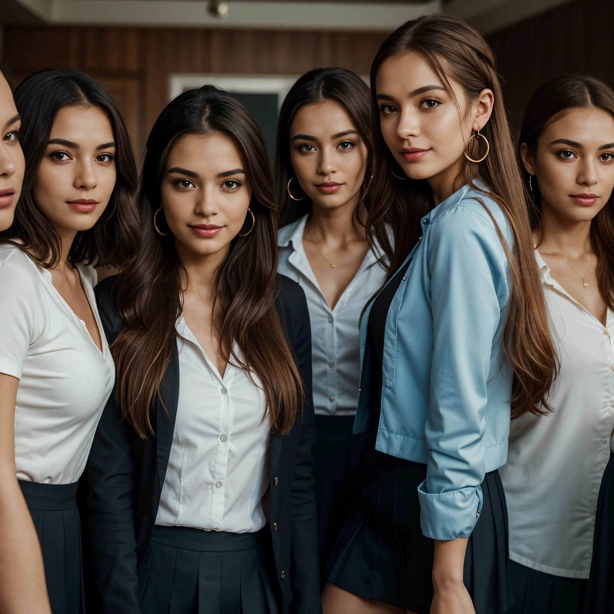 (best quality), (masterpiece:1.2), wide angle photo, full body photo, group photo, 5 sage women schoolwomen, 76 years old, young faces, innocent faces, skin imperfections, acne, perfect ruby lips, smiling wistfully, diverse ethicities: ebony, black, white, nordic, indian, diverse hair colors: redhead, blonde, afro, twin braids, heavy freckles, pale skin, makeup, earings, crowded classroom, morning, school, crowd of people, school uniforms, unbottoned blue shirts, tight shirt, alluring pose, black stockings, open jacket, sexy neckline, large neckline, 16k, photorealistic, real photo, nikon d800, (YES SFW), 4k UHD, dark vibes, hyper detailed, vibrant colours, high details, epic composition, octane render, sharp focus, high resolution isometric, (film grain:1.3), The light is sparkling, high quality photography, 3 point lighting, flash with softbox, 4k, Canon EOS R3, HDR, smooth, sharp focus, high resolution, award winning photo, 80mm, f2.8, bokeh