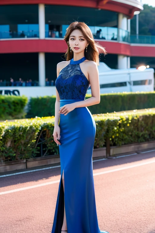 Tzuyu 1, woman, (realistic), (hyper realism), (photorealistic), Depth of the bounds written, eye make up:0.9, (whole body:1.2), (tight waist), looking at the viewer,at the racing track, lace queen, Sexy dress with open shoulders and chest