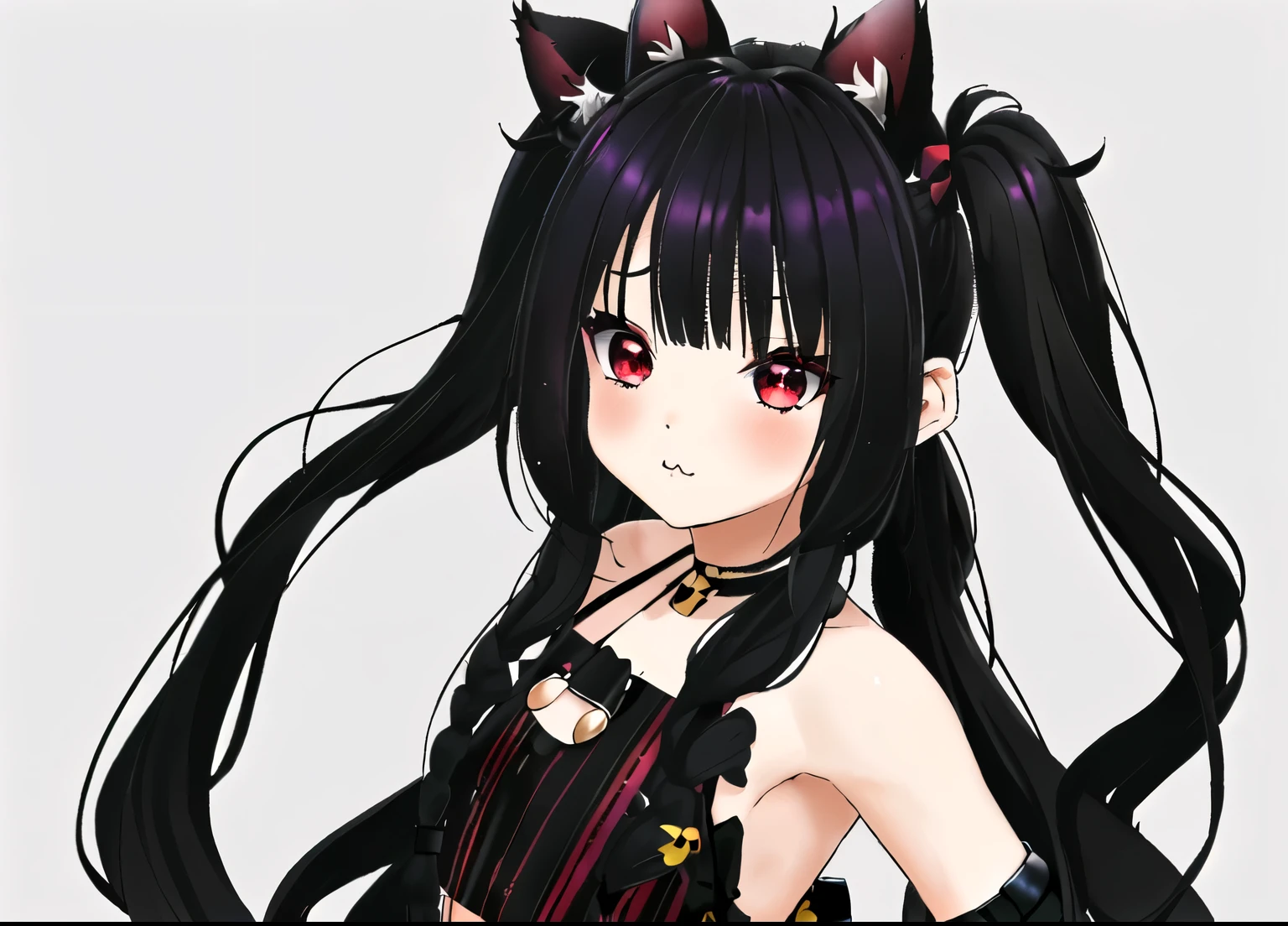 ,((long hair slightly wavy slightly past the shoulders, black bangs, small black pigtails on the sides, cute cat ears, beautiful thin red eyes,)), con ropa de jinx, GafeLol, Gafe, Calle ocupada, polainas, sentado en un banco, laugh, ultra high definition, Muy detallado cosplay de jinx
