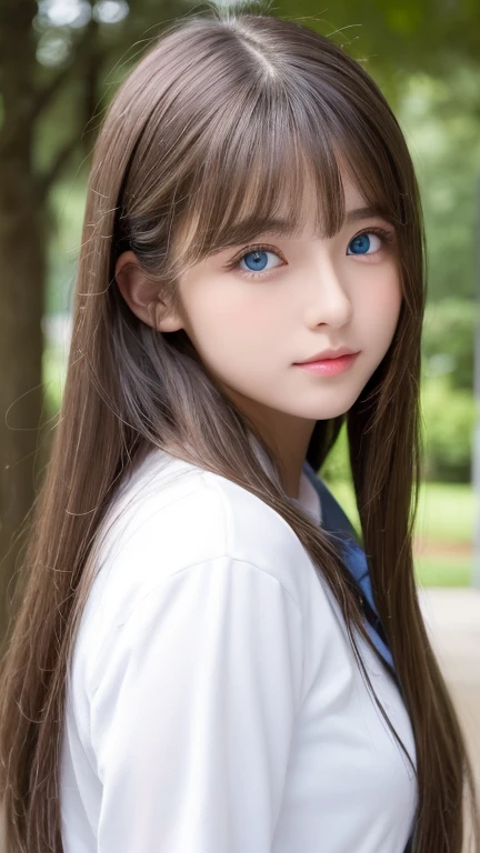 one female , super long hair, Beautiful and cute 14 year old beautiful girl、bangs on a beautiful face、very beautiful face、bright look、beautiful blue eyes, Bright and dazzling platinum blonde、long straight hair、eyebrows behind bangs、school uniform、、textured white skin, high details, best quality, 4k high resolution、Glossy skin、Big, bright light blue eyes that shine so beautifully、very big eyes、round face、
