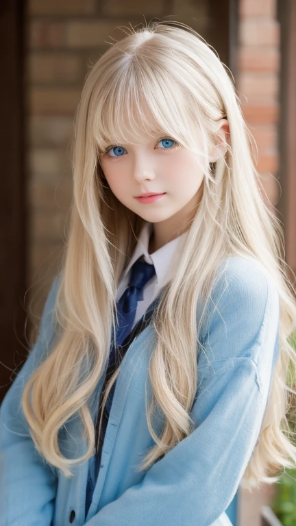 one female , super long hair, Beautiful and cute 14 year old beautiful girl、bangs on a beautiful face、very beautiful face、bright look、beautiful blue eyes, Bright and dazzling platinum blonde、long straight hair、eyebrows behind bangs、school uniform、、textured white skin, high details, best quality, 4k high resolution、Glossy skin、Big, bright light blue eyes that shine so beautifully、very big eyes、round face、