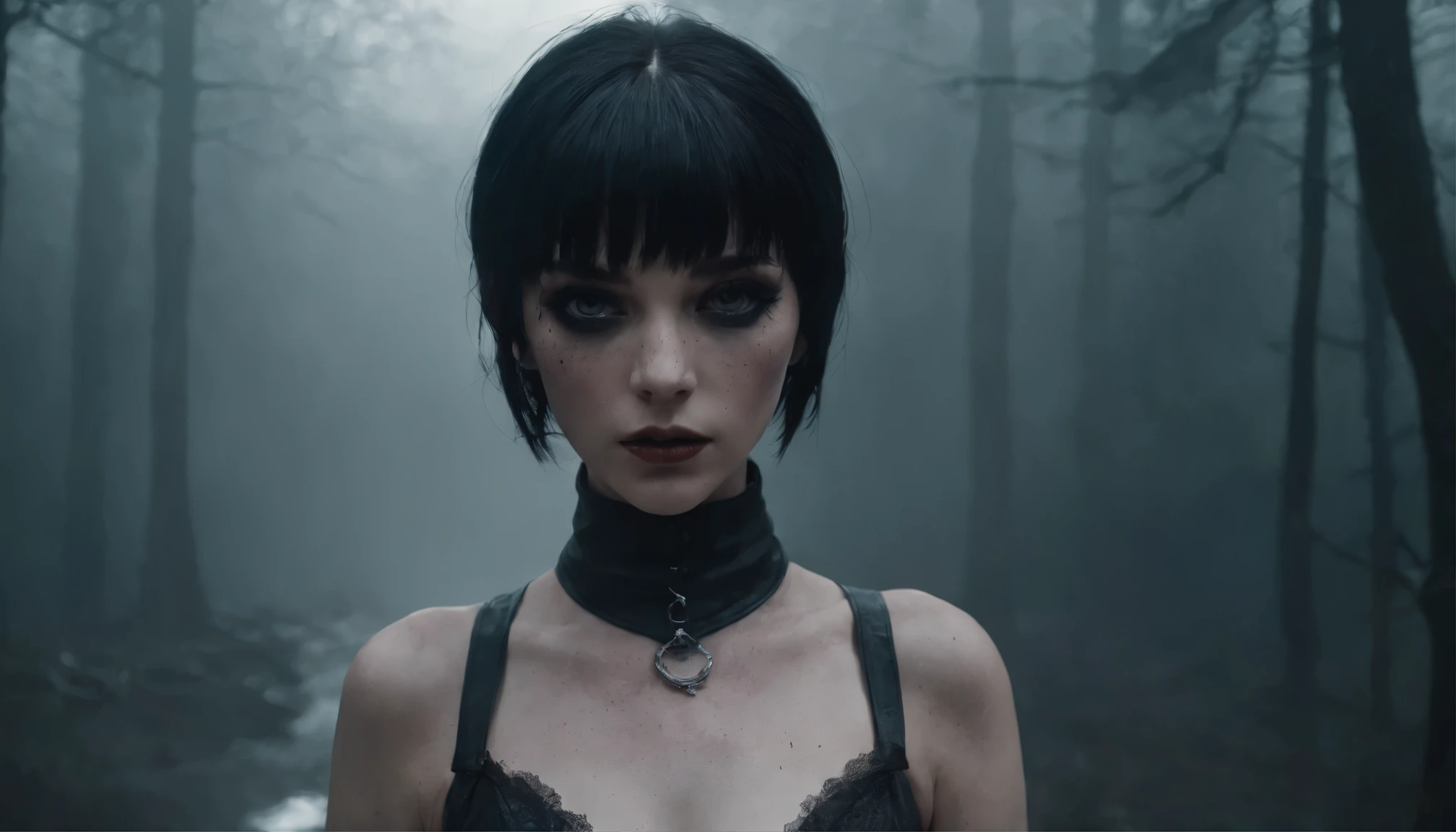 Woman dressed in tight leotard and corset, with goth make-up, standing in a creepy foggy marsh with agroup of witches behind her, witch aesthetic, the Blair witch project, wiccan aesthetic, black metal make up, a group of witches blurred in the background, sensual pose, gloomy ecstasy,fetish,dark gloomy atmosphere, creepy atmosphere, gritty texture,Retro-atmosphere,warped reality,melancholic expression on his face,mysterious aura,foggy atmosphere,foggy background,Subtle color palette,provocative pose,Strong emotions,Coming Out of the Depths of Despair,Piercing gaze,intense shadows,Plunged in Darkness,dark industrial aesthetic,ominous vibe,A supernatural sensation,Loss of Place in Time and Space,Eerie silence.asymmetrical bangs, freckles, black short hair, Bangs, freckles, gray eyes,dark atmosphere, ominous atmosphere, ultra detailed, masterpiece.