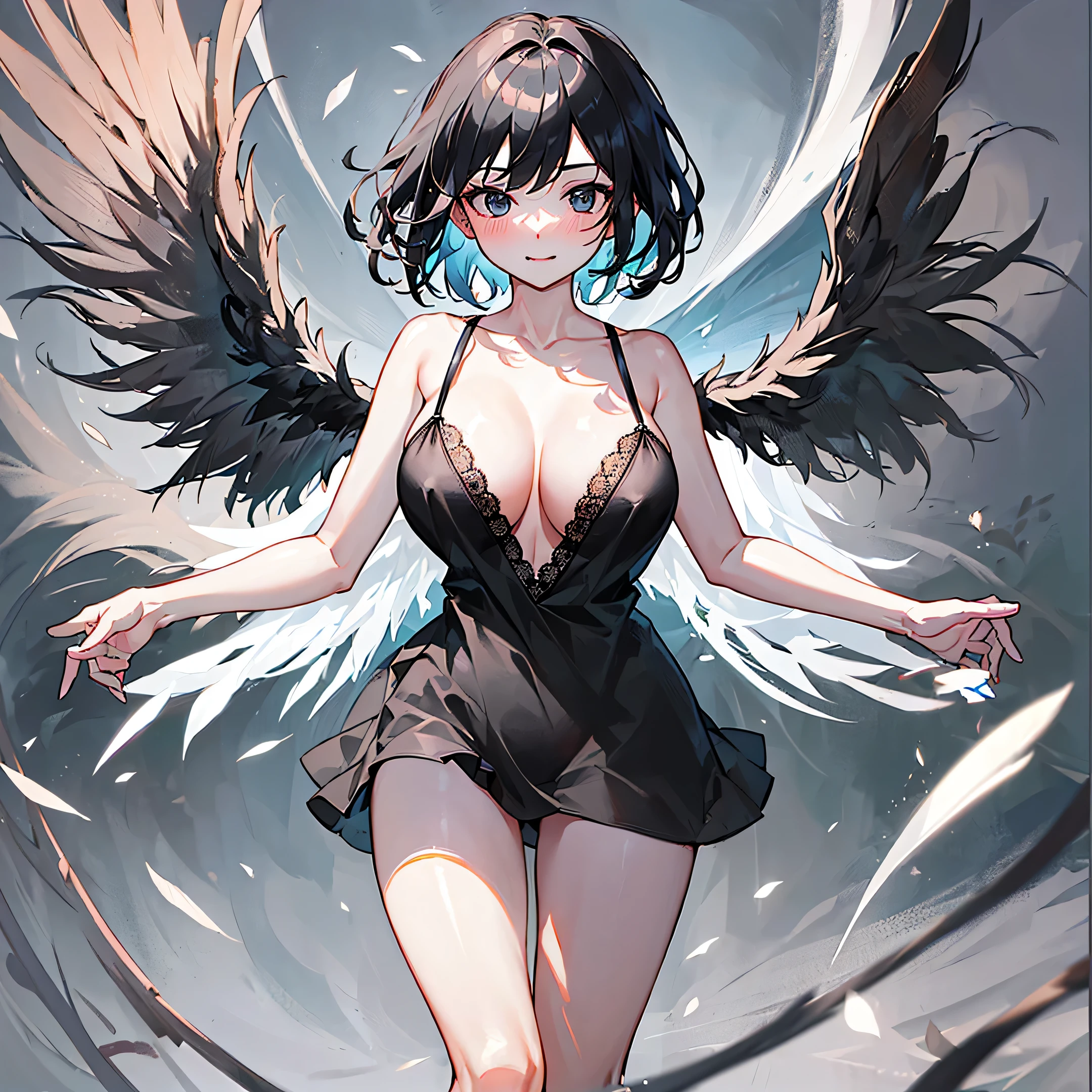 (1 seraphim girl standing on peak of frozen snowy mountain) higher than overcast, blowing frozen wind, (solo), swinging back, multiple wings, (she has 12 wings on her back), (6 white wings:1.5) and (6 black wings:1.5), BREAK, (wearing nothing without a lace trimmed sheer short black chemise:1.8), (black plunging neckline:1.2), shoulder straps, too short black skirt flapping by wind, stiletto heels, BREAK, (black short hair:1.3), sidelocks, black eyes, collarbone, (bouncing large perky breasts:1.2), (cleavage), inconceivably narrow waist, (bared skinny arms), (bared skinny long legs), thigh gap, tiptoe, BREAK, , nose blush, smile for viewer, open mouth, orgasm, BREAK, full body, (extremely detailed CG unity 8k wallpaper), (beautiful detailed), (ultra high resolution), (masterpiece:1.2), (best quality), (beautiful illustration)