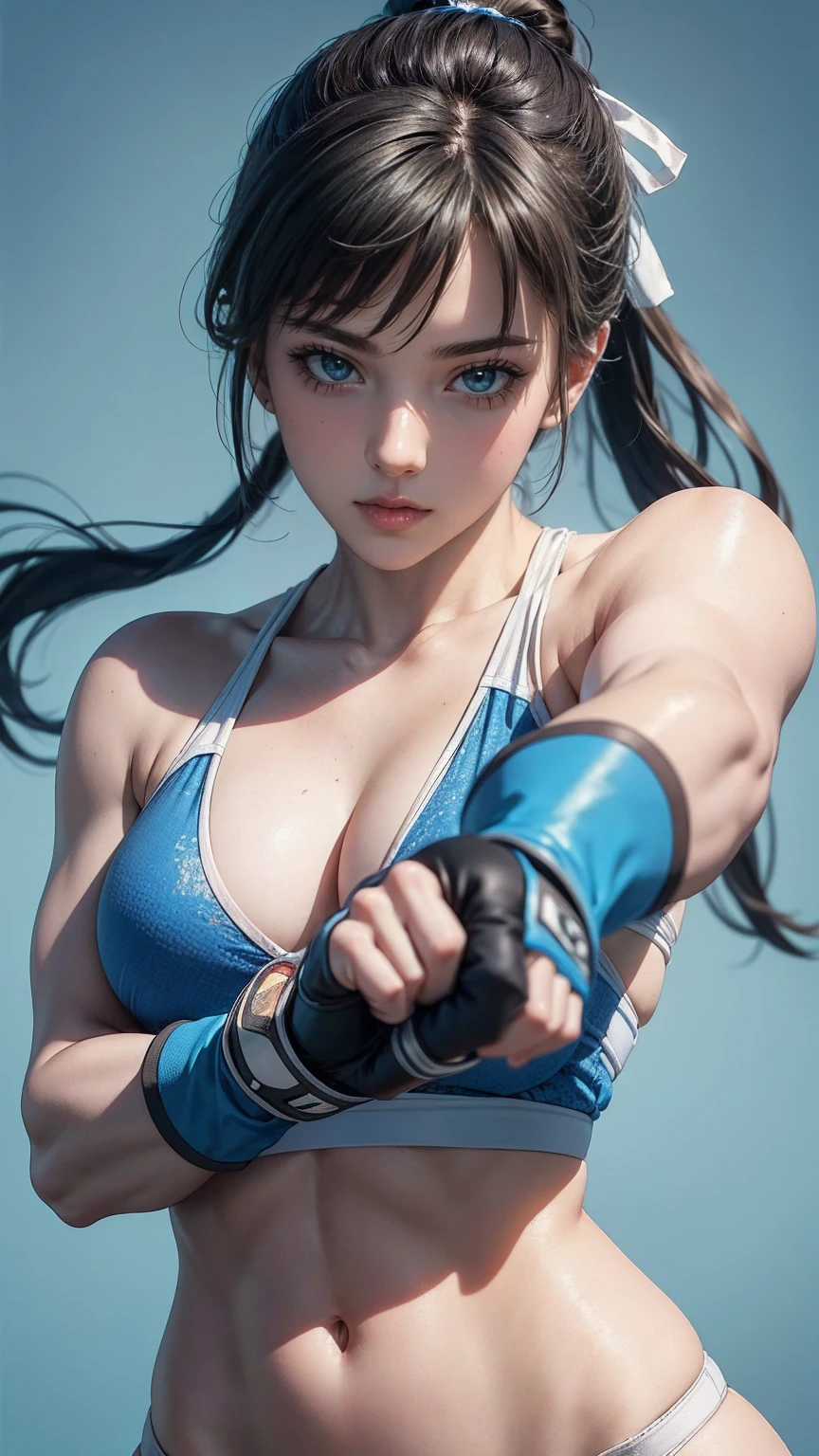 ((最high quality, 8K, masterpiece: 1.3, Ultra HD, high quality, 最high quality, High resolution, realism)) 、(high color saturation:1.0), (highly detailed skin), (最high quality:1.0), (超High resolution:1.0) ,(realistic:1.0), (Super detailed:1.0), (8K, Raw photo:1.1), slender、Slender, muscular body that's toned like an athlete's、street fighter chun li、Pastel blue background、fighting pose、Wear open-finger gloves