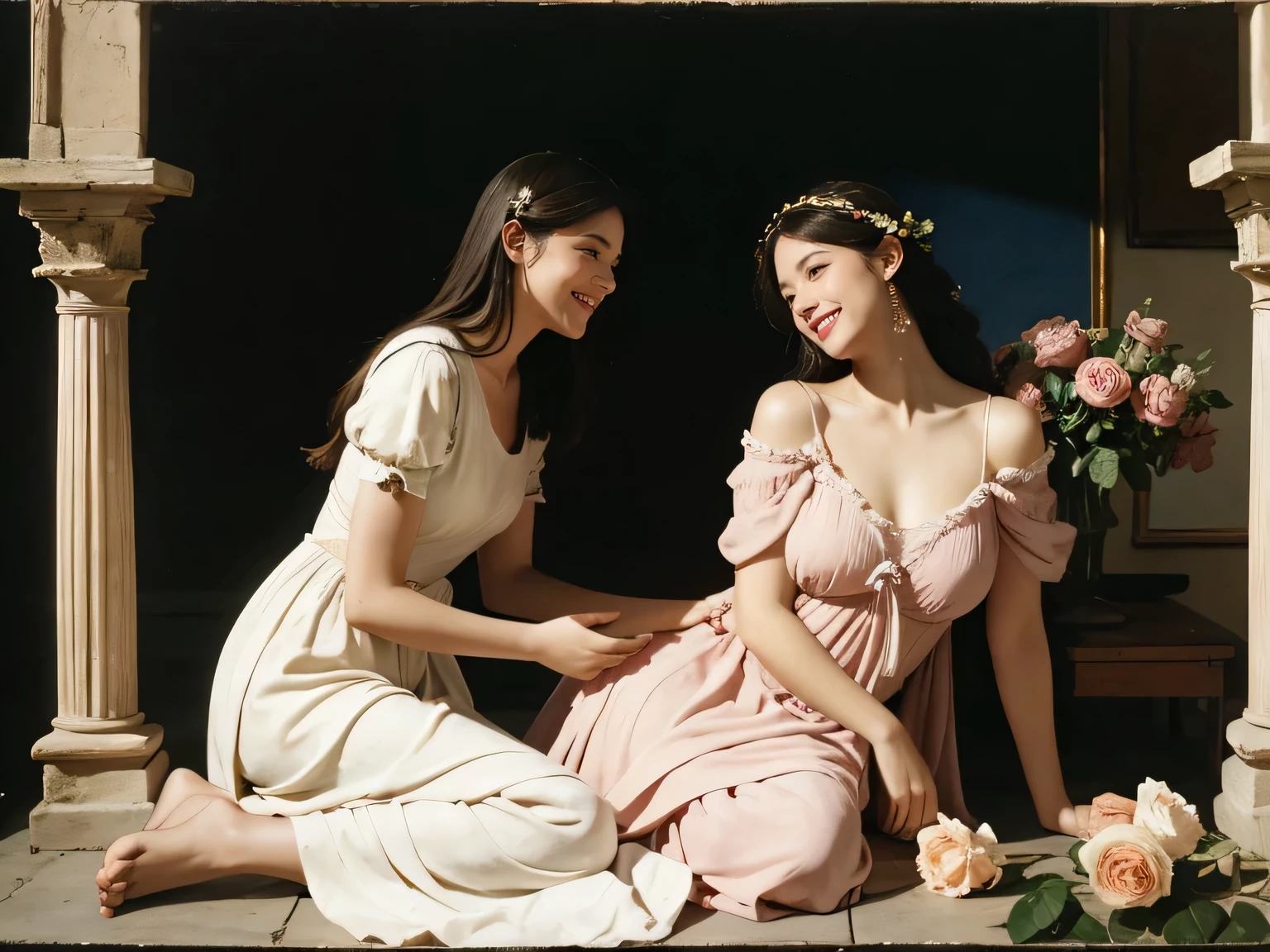 full body portrait or statue、Giorgione painting style,Arguments of two female Philosophe,math、astronomical machine、astronaut、roses in vase、fruits、Cute trinkets、smile、ancient greek costume、Ancient Roman landscape in the style of Nicolas Poussin,laughter,,Sweet and seductive appearance.、Caravaggio's paintings、Chiaroscuro of Caravaggio、hair tousled by the wind,Two women frolicking,cute smile, expression of ecstasy,Sexy,erotic