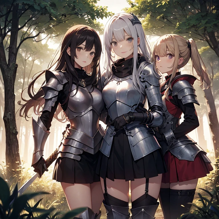 A group of female knight, (in forest), various hair styles, harem, wearing armored clothes, metal armor, night, details face, , short skirt, seducing, sword