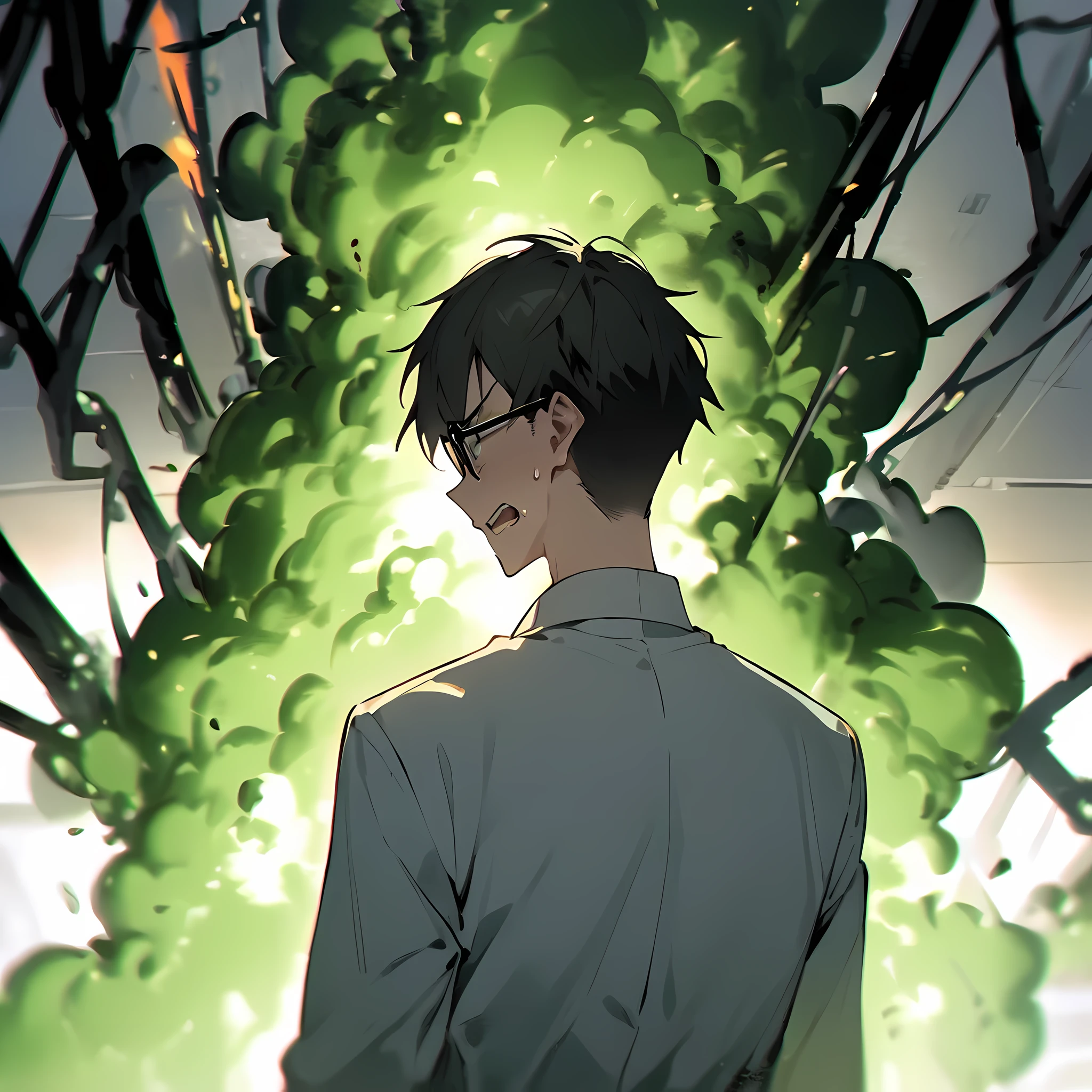 Back view of a teenager japanese man wearing laboratory dress and spectacles, looking at poisonous gas engulfing him, tension fear, facial expression, laboratory,