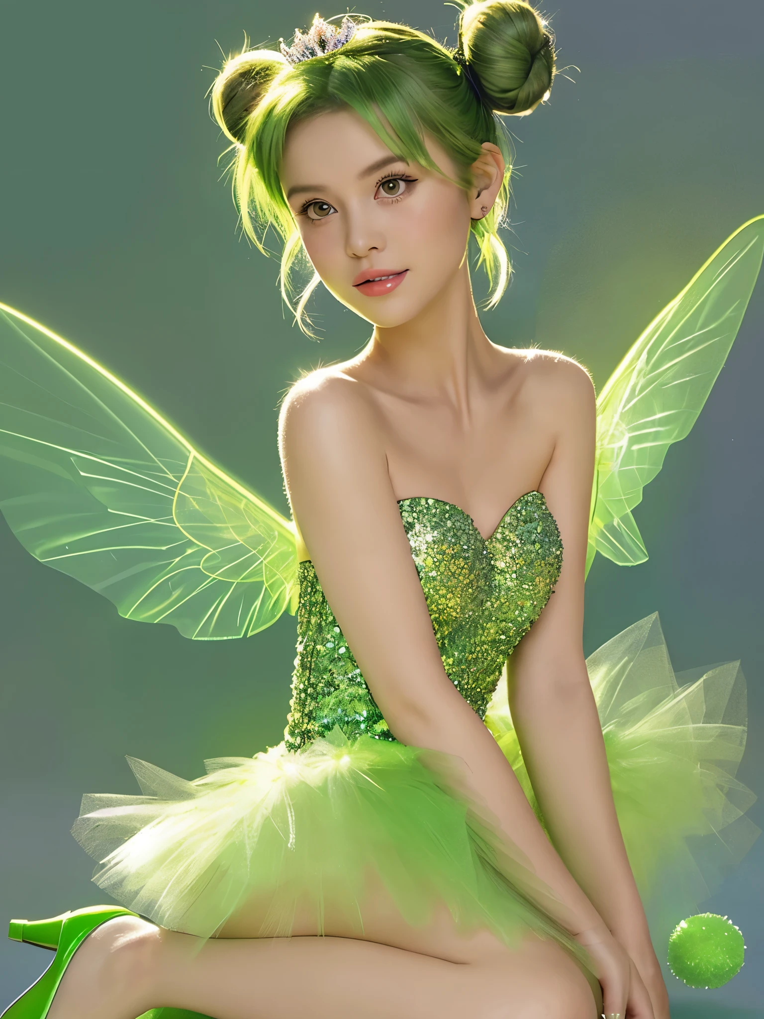 Draw Tinkerbell with a green strapless dress, translucent wings, green shoes with pom-poms, and a bun with a tiara.bust, realistic