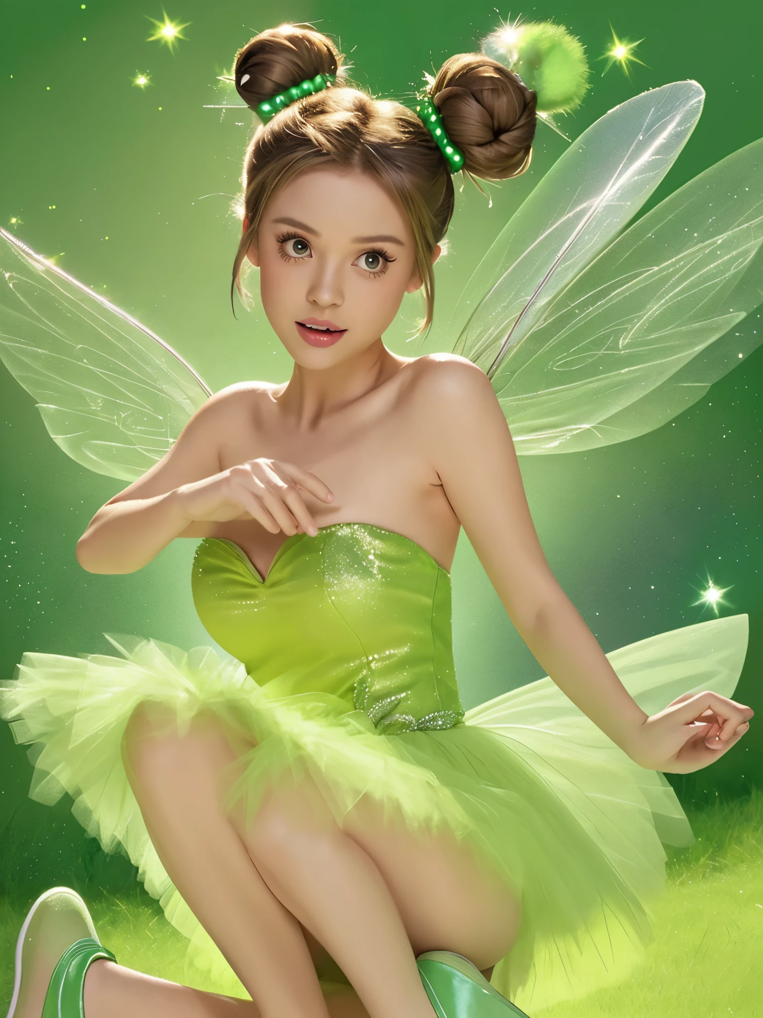 Draw Tinkerbell with a green strapless dress, translucent wings, green shoes with pom-poms, and a bun with a tiara.bust