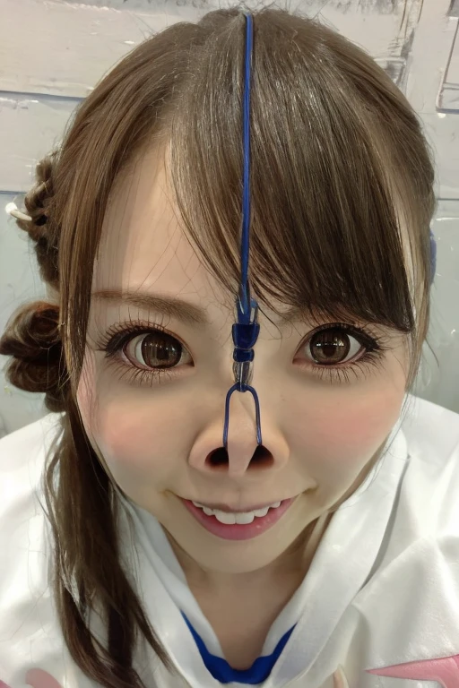 1 girl, alone, looking at the viewer, Japanese,Japanese 少女,Sportswear,face focus,face focus,face close up,cute hair,False lashes,Narrow eyes,naughty smile,thick lips,Inside the training gym,