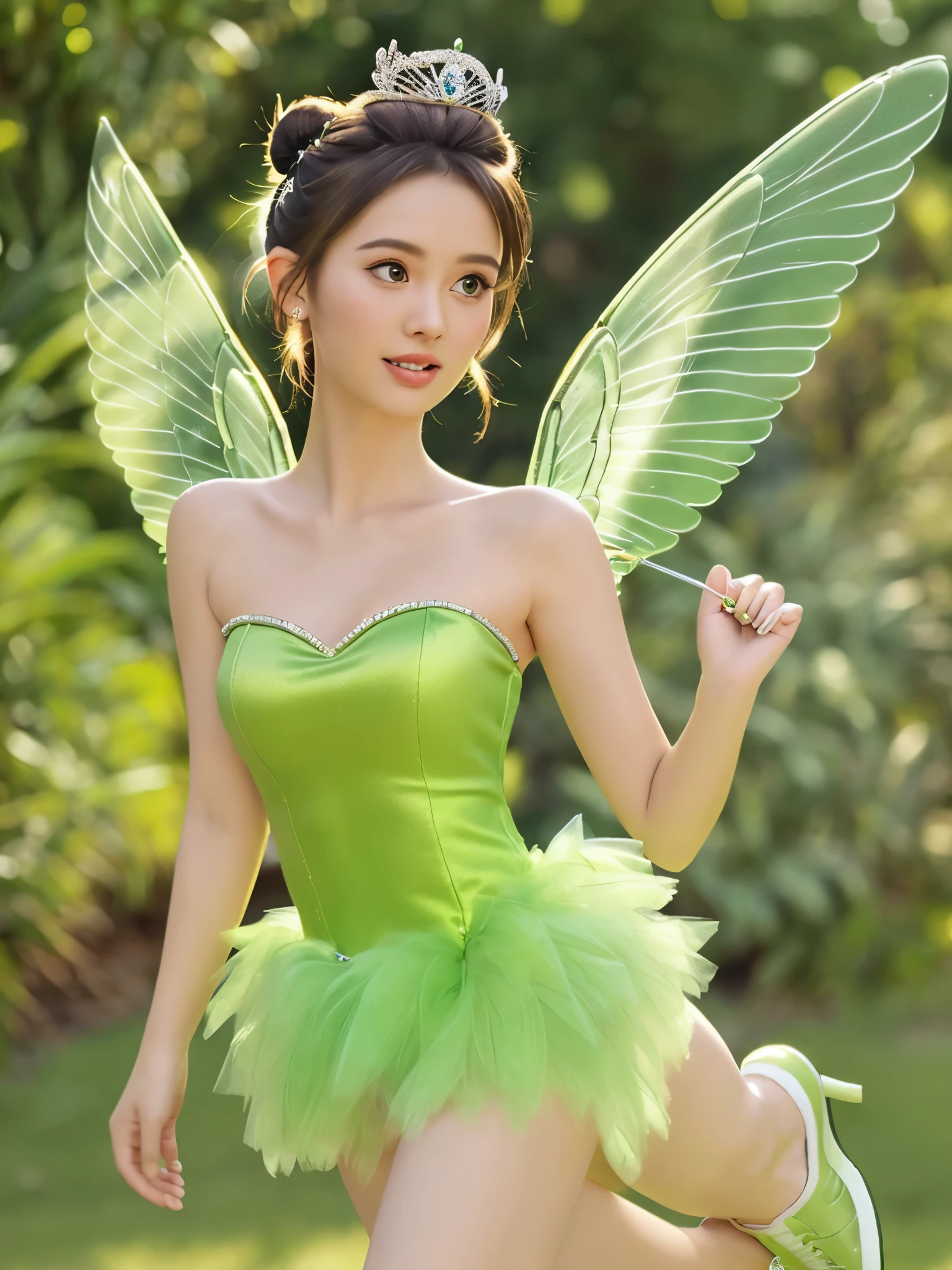 Draw Tinkerbell with a green strapless dress, translucent wings, green shoes with pom-poms, and a bun with a tiara.bust