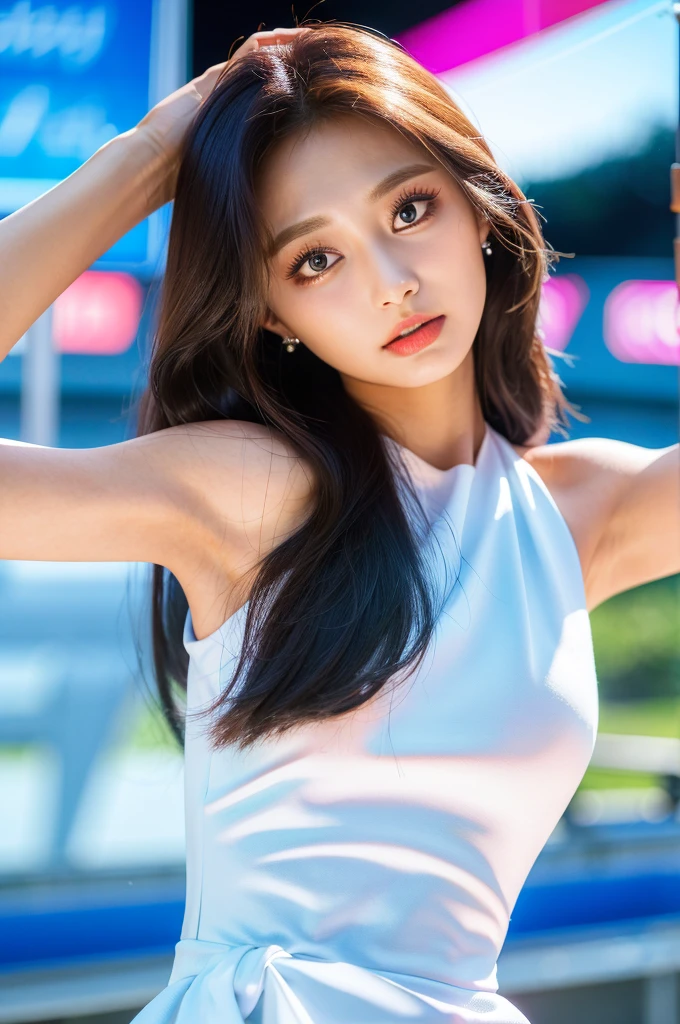 Tzuyu 1, woman, (realistic), (hyper realism), (photorealistic), Depth of the bounds written, eye make up:0.9, (whole body:1.2), (tight waist), looking at the viewer,at the racing track, lace queen, Sexy dress with open shoulders and chest