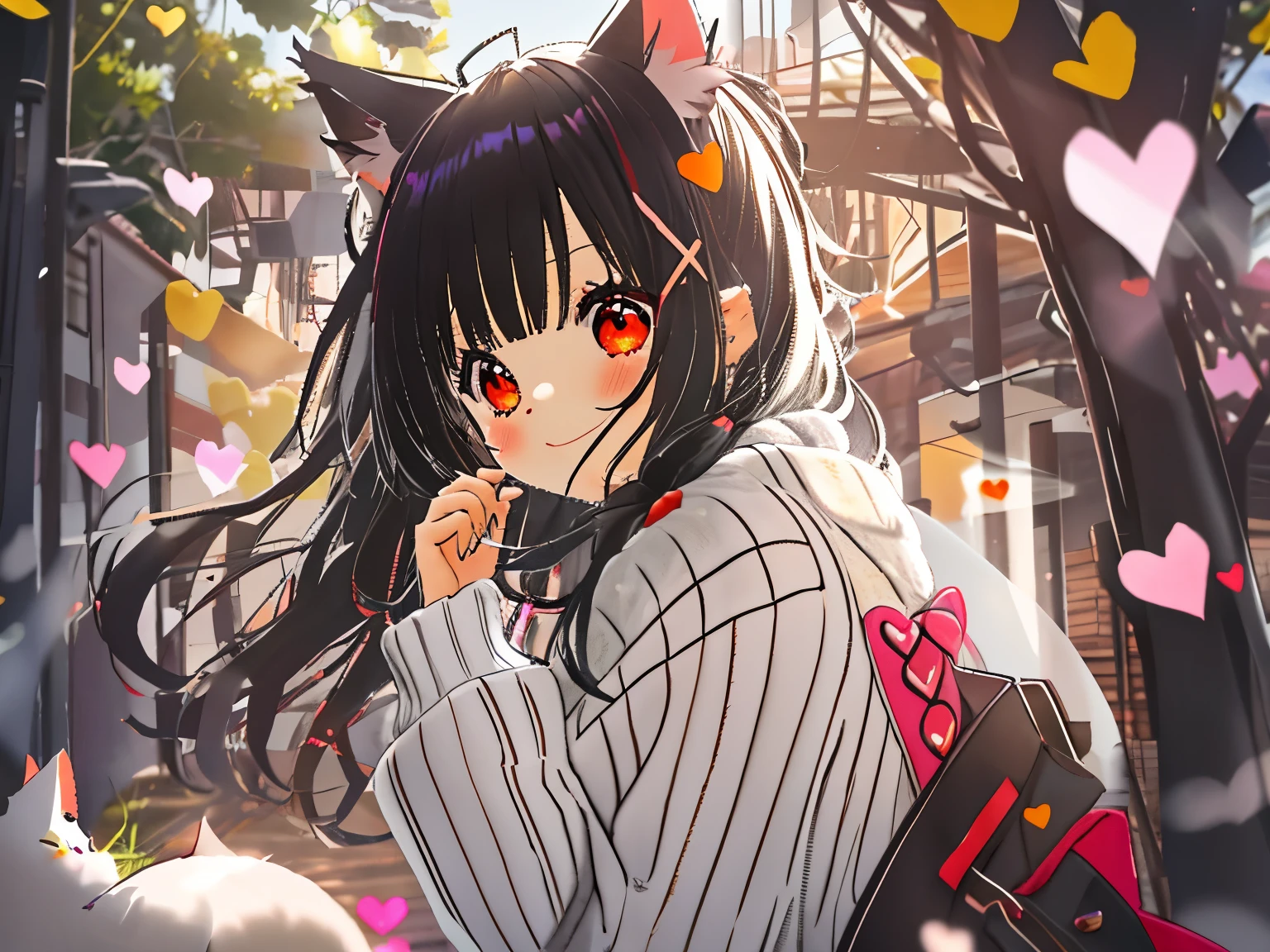 una mujer,,((long hair slightly wavy slightly past the shoulders, black bangs, small black pigtails on the sides, cute cat ears, beautiful thin red eyes,)), cozy sweater put on, parte superior del cuerpo, (enorme riendo:1.1), (boca abierta:1.1), (ojos bien abiertos:1.2), sun glare, bokeh, profundidad de campo, fondo borroso, light particles, Viento fuerte, (heart particles:1.1)