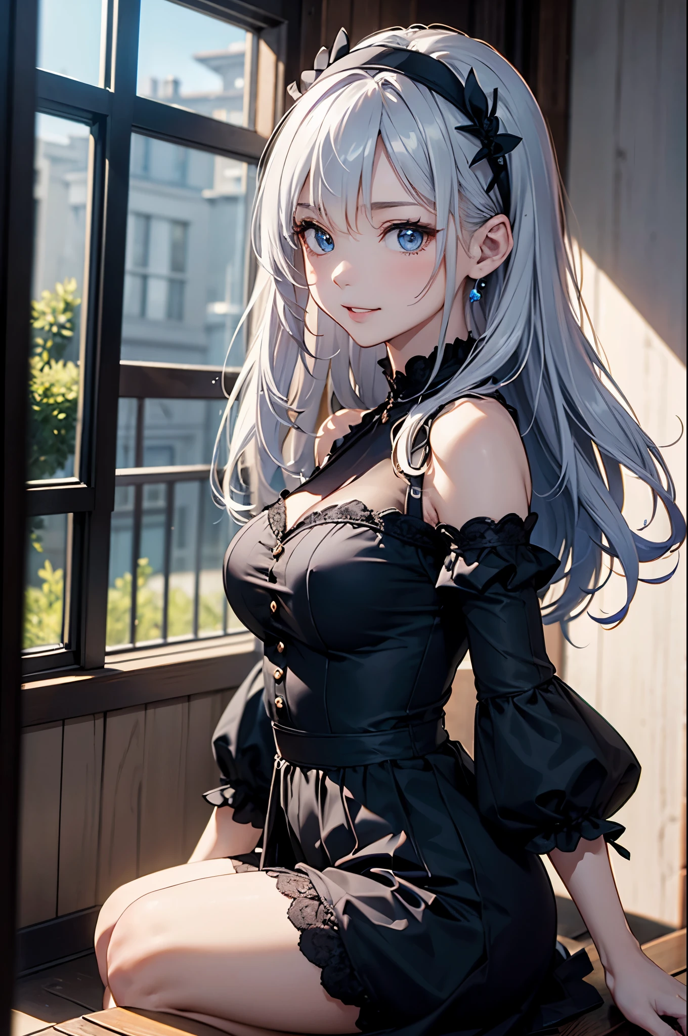 (最高masterpiece, highest quality, highest quality,official art),(mature woman:1.3),(attractive woman made),((masterpiece, highest quality))、8K、one woman、((30 years old))、((silver hair))、long hair、messy hair、attractive woman、blue eyes、Big eyes、sparkling eyes、Beautifully drawn eyes、smile、small bust、Black Gothic Maid、((white headband))、(look back)、(Knee to head:1.3)、Entrance of a luxurious house、aerial perspective、pure、transparent、Light、Light、Light、