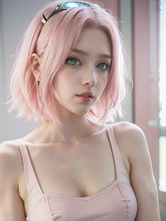 young woman, short shoulder-length pink hair, wide forehead, porcelain skin, pink eyebrows, big emerald green eyes, buttoned nose, full lips, heart-shaped face, slender body, small breasts, red tank top, Sakura Haruno , realistic, realism, details, 3d, well detailed