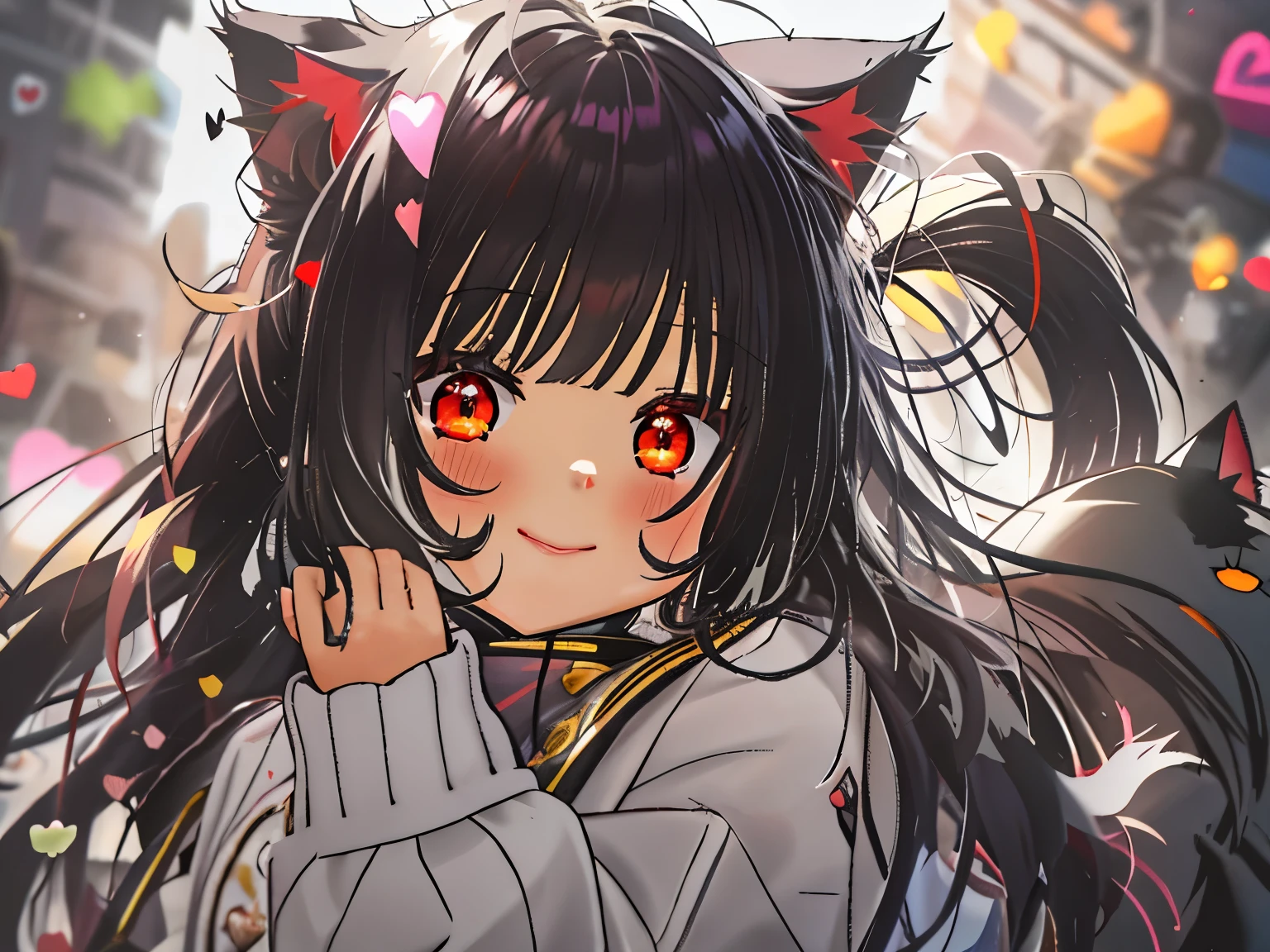 una mujer,,((long hair slightly wavy slightly past the shoulders, black bangs, small black pigtails on the sides, cute cat ears, beautiful thin red eyes,)), cozy sweater put on, parte superior del cuerpo, (enorme riendo:1.1), (boca abierta:1.1), (ojos bien abiertos:1.2), sun glare, bokeh, profundidad de campo, fondo borroso, light particles, Viento fuerte, (heart particles:1.1)