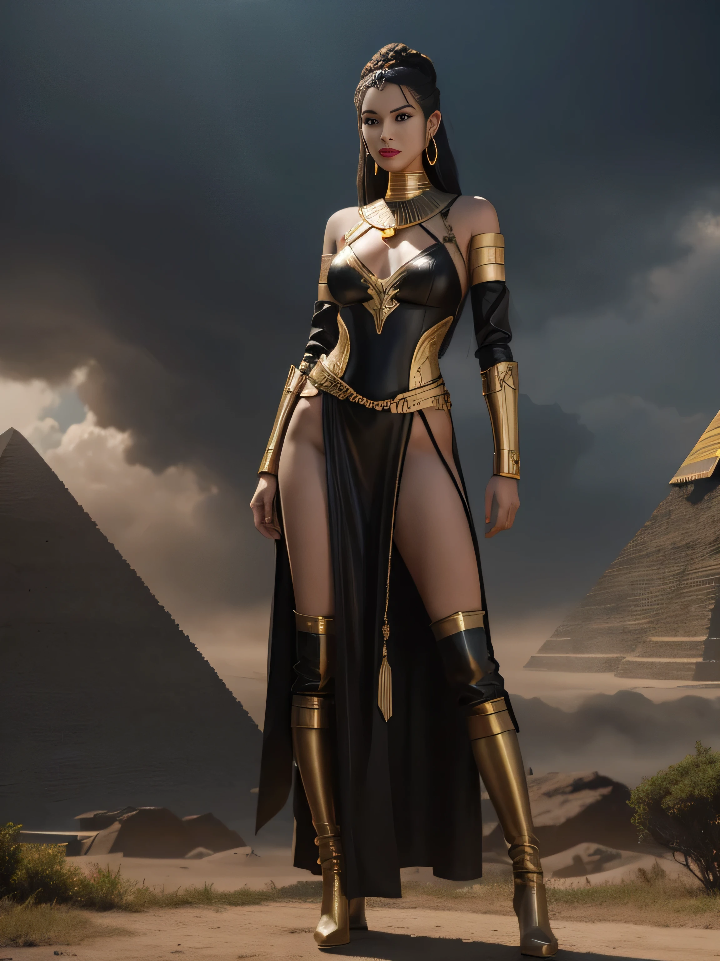 Full body of a fantasy sexy sensual beautiful warrior woman, tall body, slim figure, aristocratic face, long black braided hair, black eyes, red lips, long graceful neck, metal and leather armor, leather boots, gold collars, gold earrings, densely overgrown with plants behind Egyptian pyramid, smoke, swirling fog, 3D, elaborate fine details, dusk, faded dark colors