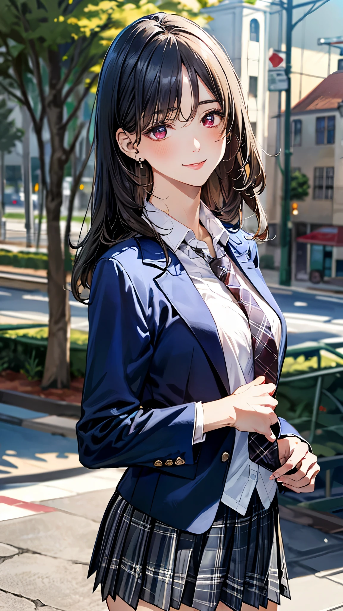 (masterpiece:1.2, top-quality), (realistic, photorealistic:1.4), beautiful illustration, (natural side lighting, movie lighting), surrealism,
beautiful detailed hair, beautiful detailed face, beautiful detailed eyes, beautiful clavicle, beautiful body, beautiful chest, beautiful thigh, beautiful legs, beautiful fingers,
looking at viewer, cowboy shot, front view:0.6, 1 girl, high school girl, perfect face, (perfect anatomy, anatomically correct), cute and symmetrical face, babyface, , shiny skin,
(long hair:1.5, straight hair, black hair), bangs, (medium-violet-red) eyes, long eye lasher, (medium , big ass), sder,
((white headband, collared white shirt, gray plaid pleated skirt, dark red tie, (navy blazer, closed blazer))),
(beautiful scenery), morning, outdoors, (lovely smile, upper eyes),