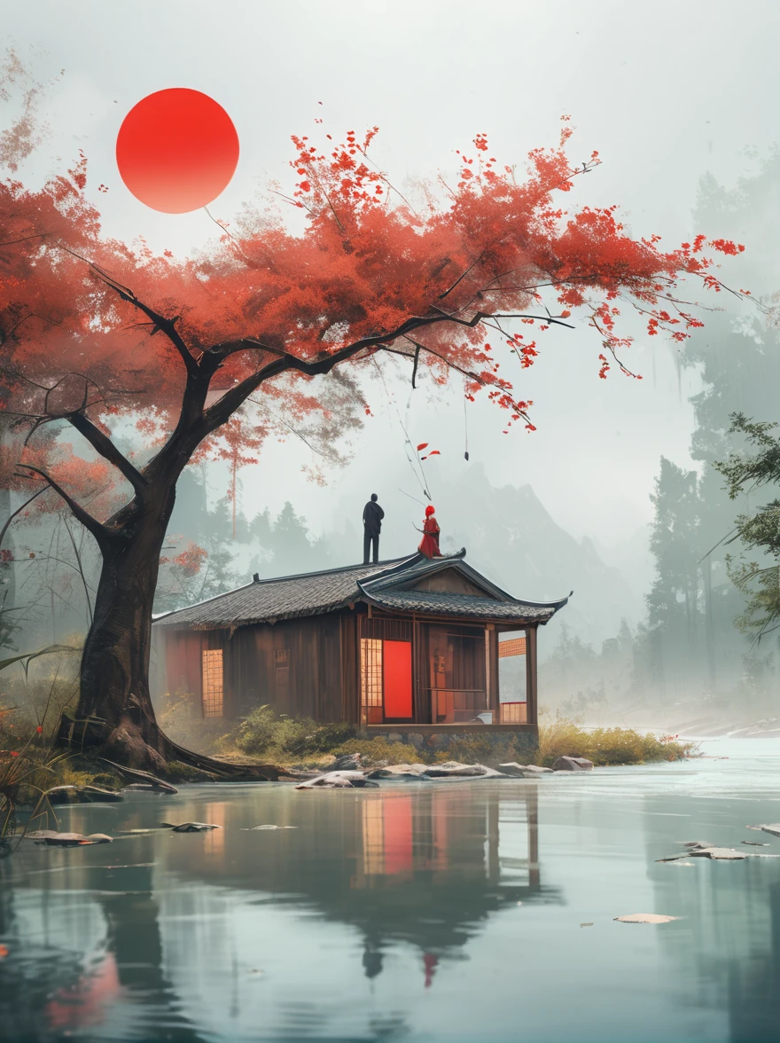 Minimalist composition red sun with black man sitting on it mirror reflection of tree and water surface, surrealism, clean background, in the style of cinema4d rendering, high resolution photography, dream scene, minimalist sculpture art installation