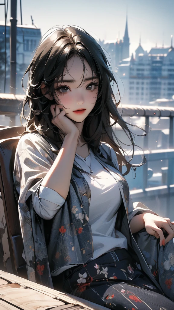 ((Highly detailed CG unit 8k wallpaper, masterpiece, High resolution, highest quality)), (woman sitting, put one's hand in one's pocket:1.5, medium hair, Nana Komatsu, grunge fashion), ((highly detailed face, highly detailed black eyes, detailed body, highest qualityのリアルテクスチャスキン)), (london cityscape), hyper realistic, digital paint,
