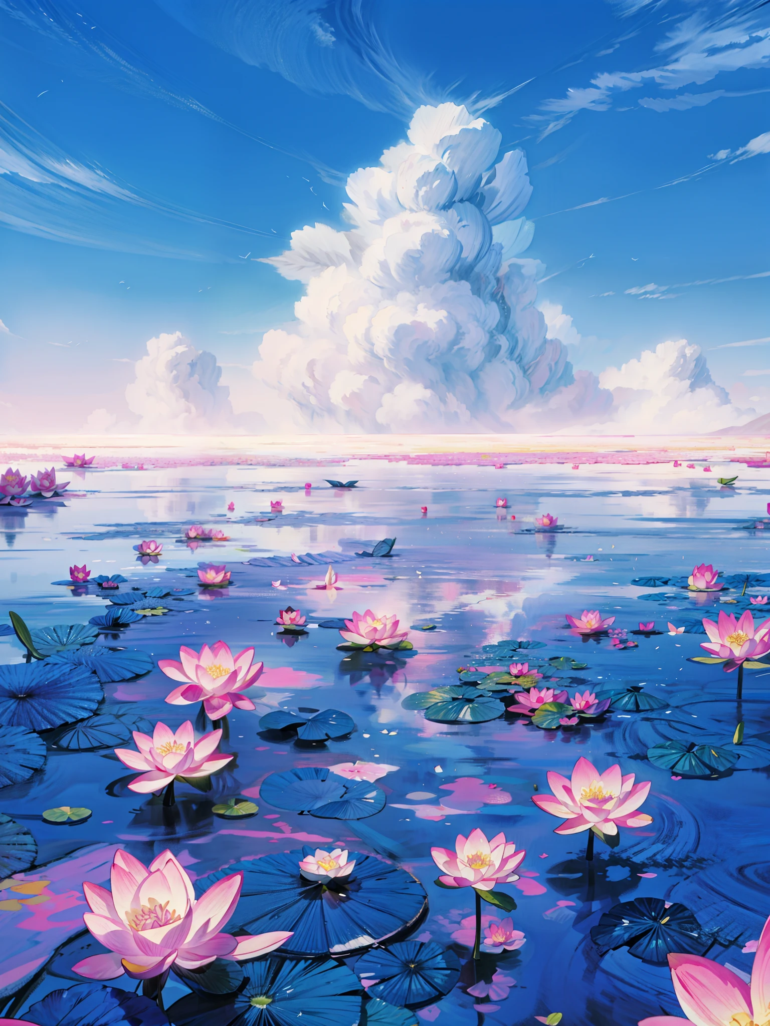 Painting of a bunch of pink flowers floating on top of a body of water, anime beautiful peace scene, lotus flowers on the water, water lilies, anime nature wallpap, lotus petals, field of fantasy flowers, lotus pond, anime scenery, anime nature, lotus flowers, an aesthetic field of flowers, cgsociety 9, waterlily pond, lotuses, with lotus flowers, 4k hd,, beautiful art uhd 4 k, a beautiful artwork illustration, beautiful digital painting, highly detailed digital painting, beautiful digital artwork, detailed painting 4 k, very detailed digital painting, rich picturesque colors, gorgeous digital painting, no human